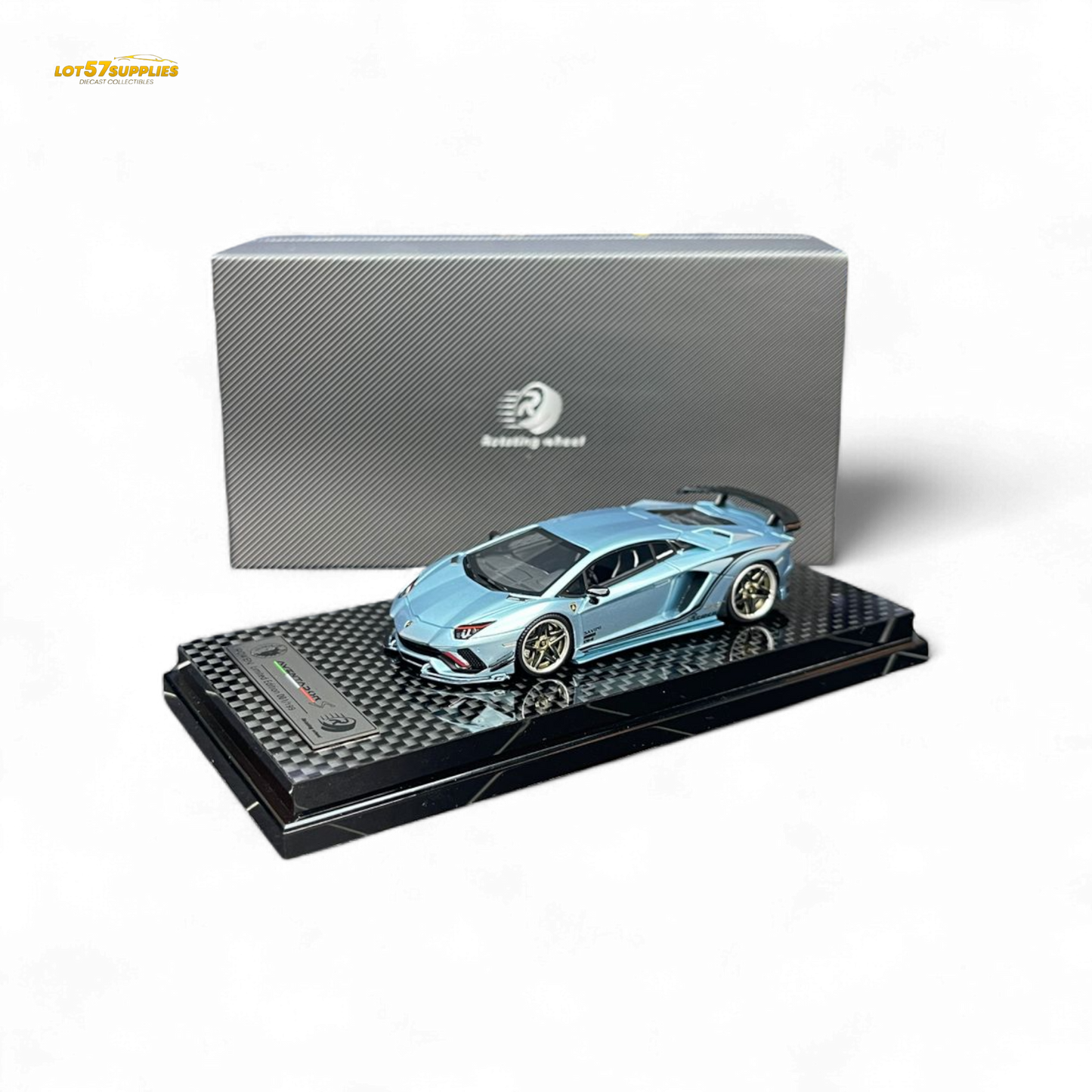 Ice blue Lamborghini Aventador S diecast wheel, 1:64 scale, showcasing realistic rotating wheel detail from Lot57Supplies Diecast Shop
