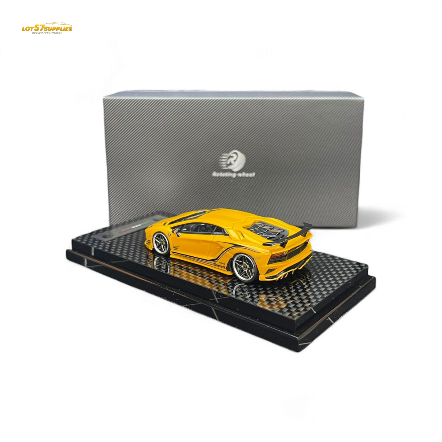 Yellow Lamborghini Aventador S 1:64 diecast model wheel rotating with detailed design and realistic features.