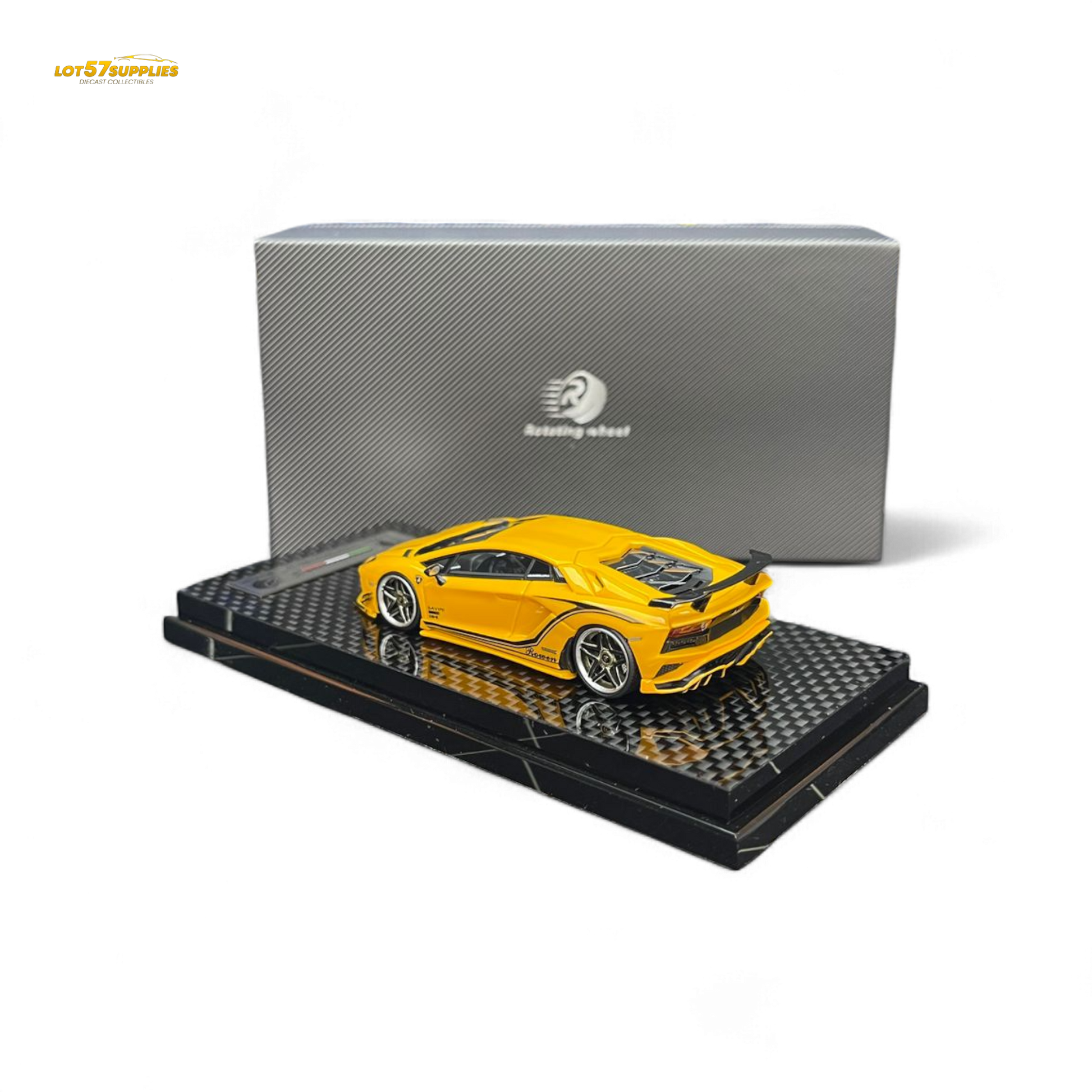 Yellow Lamborghini Aventador S 1:64 diecast model wheel rotating with detailed design and realistic features.