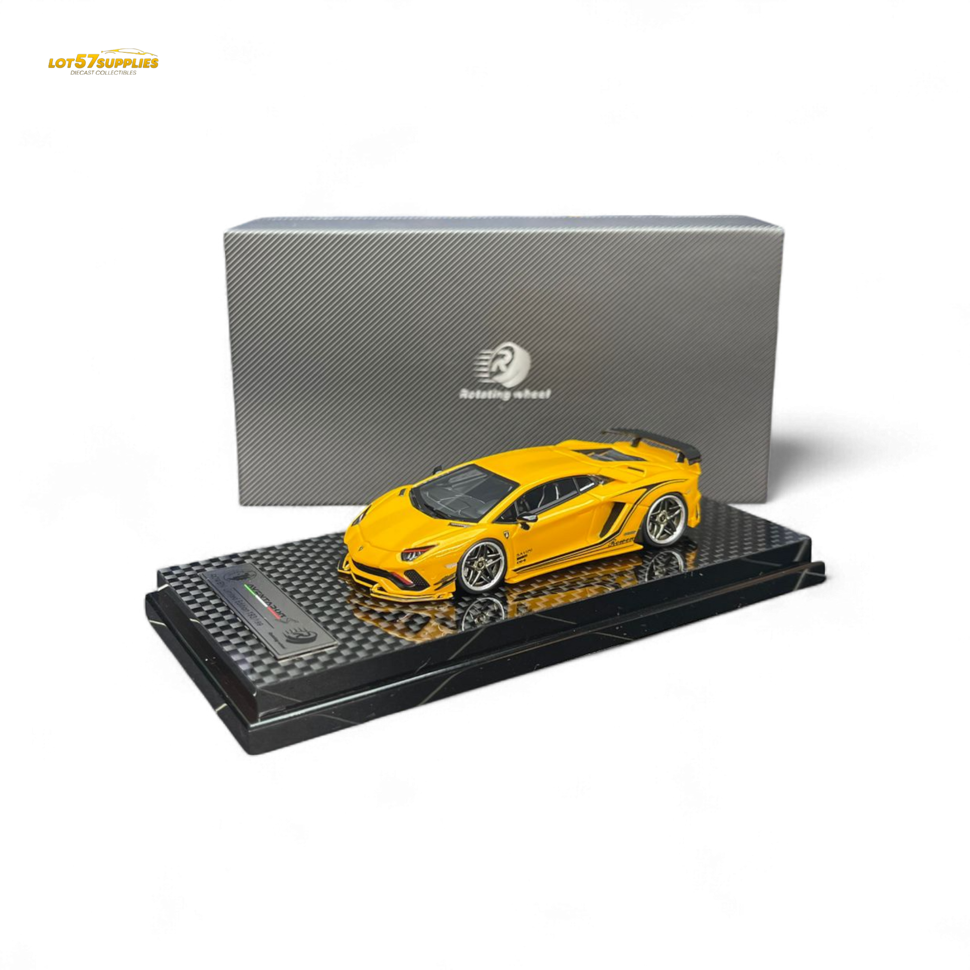 Yellow Lamborghini Aventador S 1:64 diecast rotating wheel toy from Lot57Supplies Diecast Shop, detailed with realistic features.
