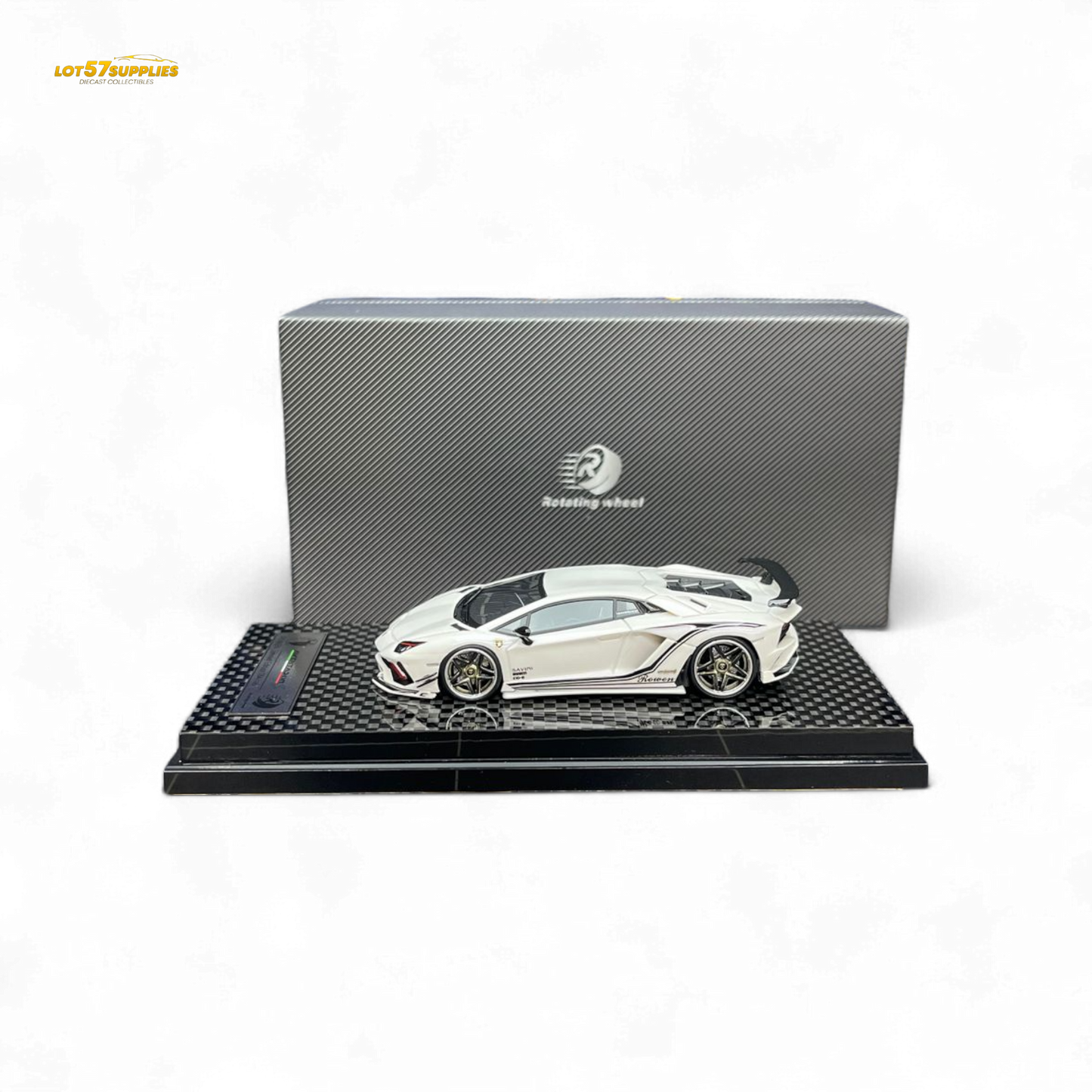 Pearl white Lamborghini Aventador S 1:64 diecast wheel rotating model by Lot57Supplies Diecast Shop, detailed and realistic.