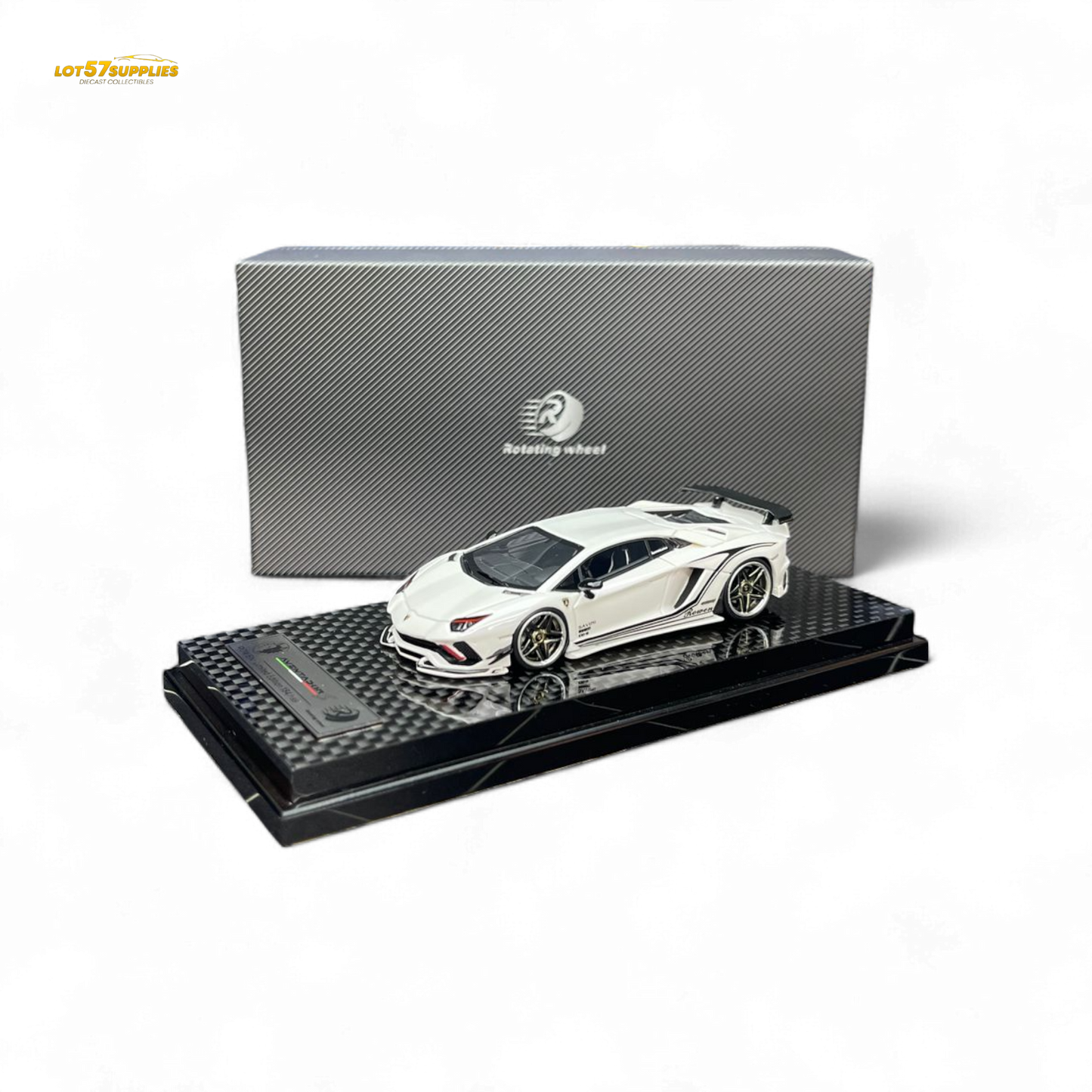 Pearl white Lamborghini Aventador S 1:64 diecast wheel rotating model by Lot57Supplies Diecast Shop, detailed miniature vehicle.