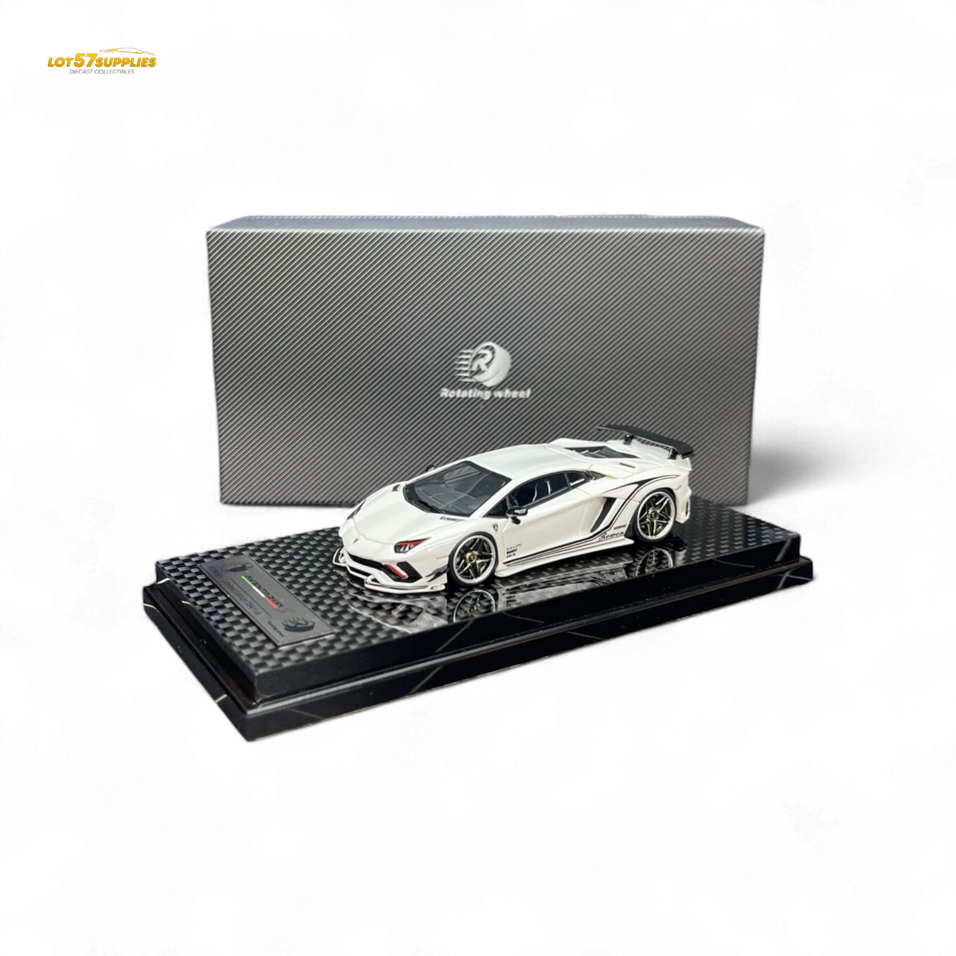 Pearl white Lamborghini Aventador S 1:64 diecast wheel rotating model by Lot57Supplies Diecast Shop, detailed miniature vehicle.