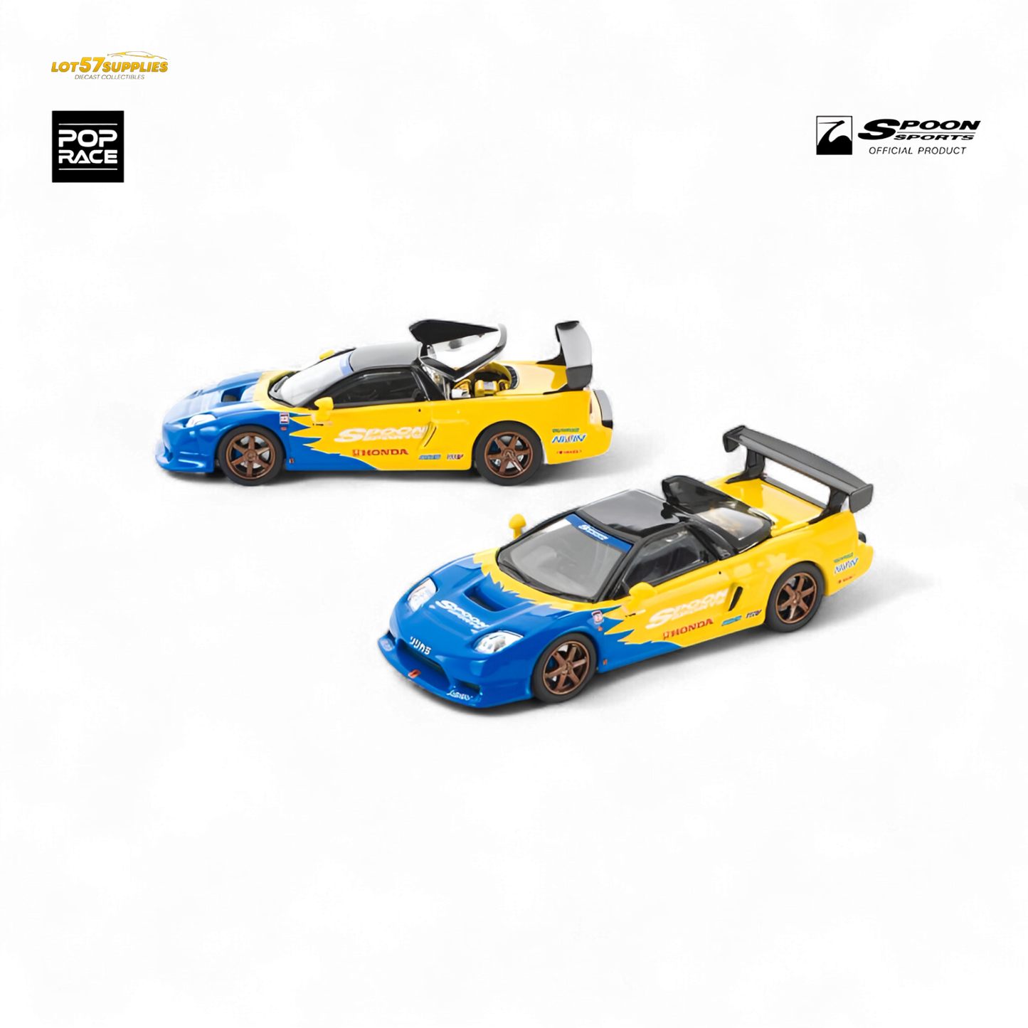 Detailed image of a 1:64 scale Honda NSX-R GT diecast model with Poprace Spoon livery, showcasing colorful racing decals and design.