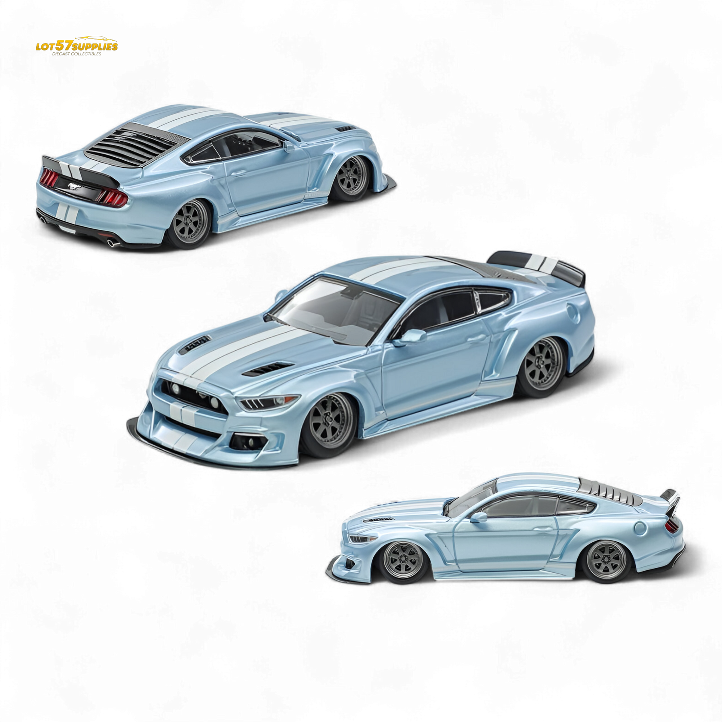 Ice blue 1:64 scale Ford Mustang with Liberty 64 widebody kit, detailed diecast model by Lot57Supplies Diecast Shop.