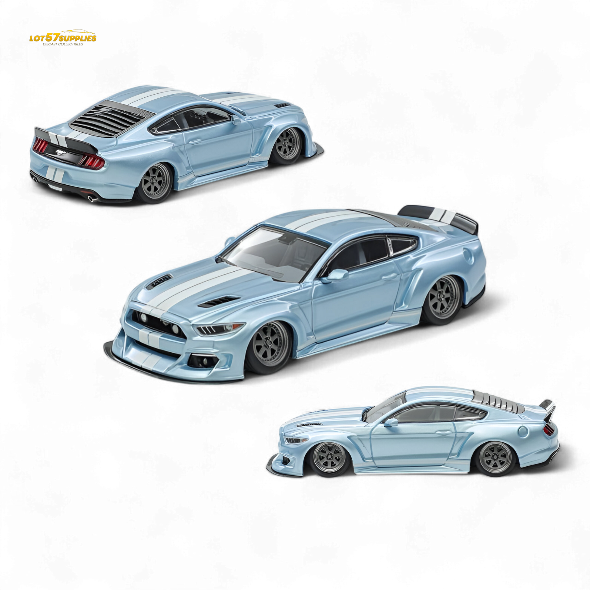 Ice blue 1:64 scale Ford Mustang with Liberty 64 widebody kit, detailed diecast model by Lot57Supplies Diecast Shop.