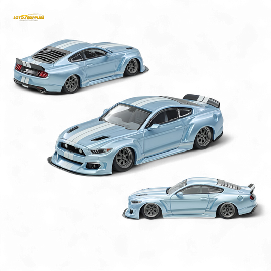 Ice blue 1:64 scale Ford Mustang with Liberty 64 widebody kit, detailed diecast model by Lot57Supplies Diecast Shop.