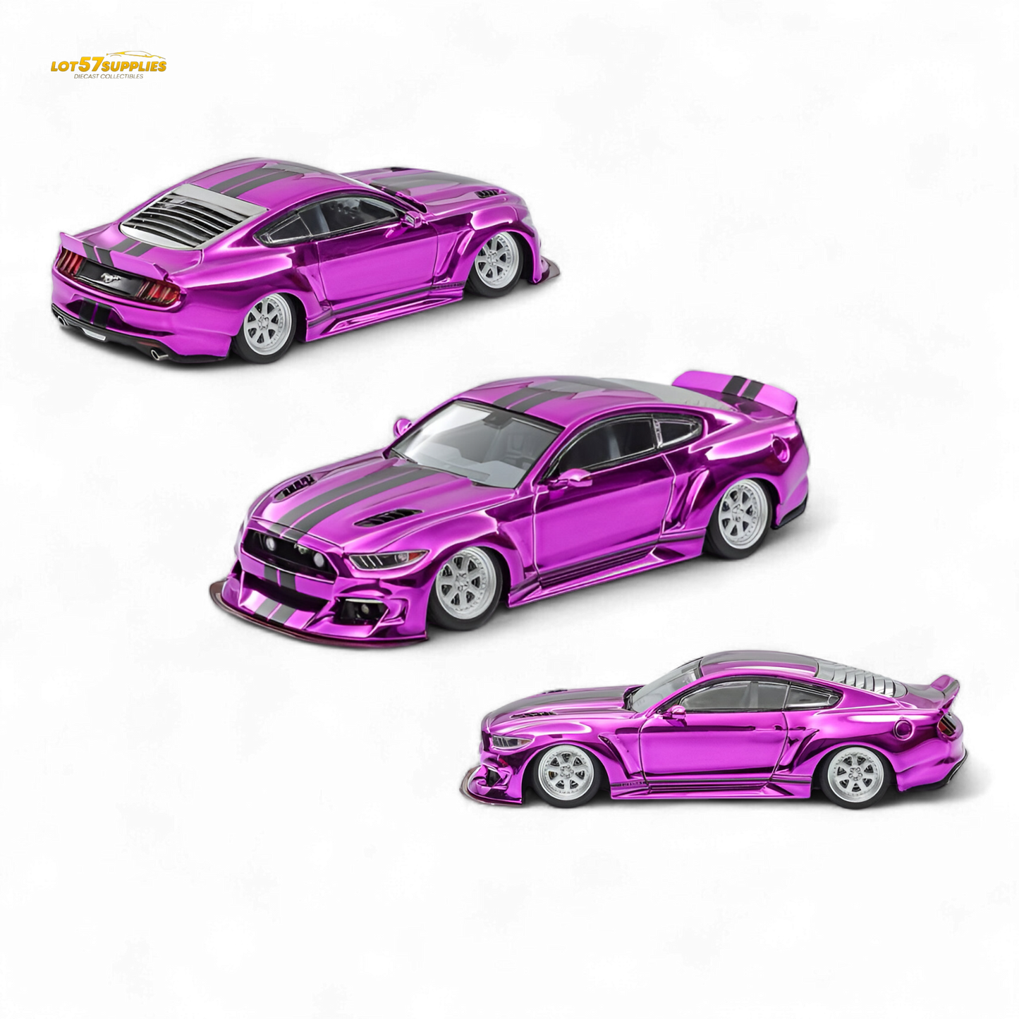 Chrome purple Liberty 64 Mustang diecast with widebody kit, detailed Ford model in 1:64 scale by Lot57Supplies Diecast Shop