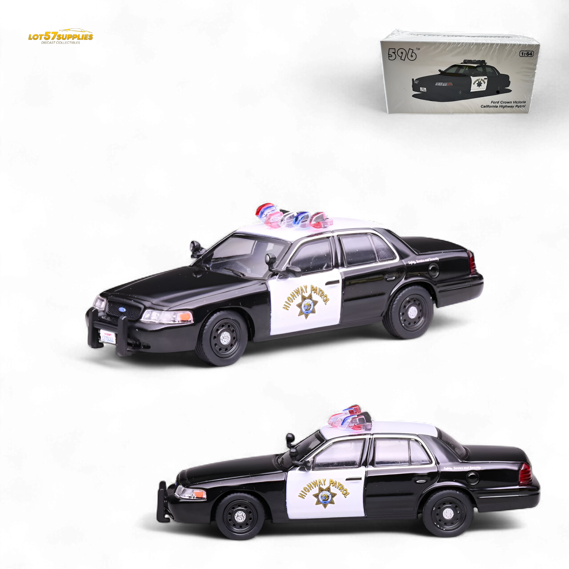 1:64 scale Ford Crown Victoria California Highway Patrol diecast model by Lot57Supplies Diecast Shop, detailed police vehicle replica.