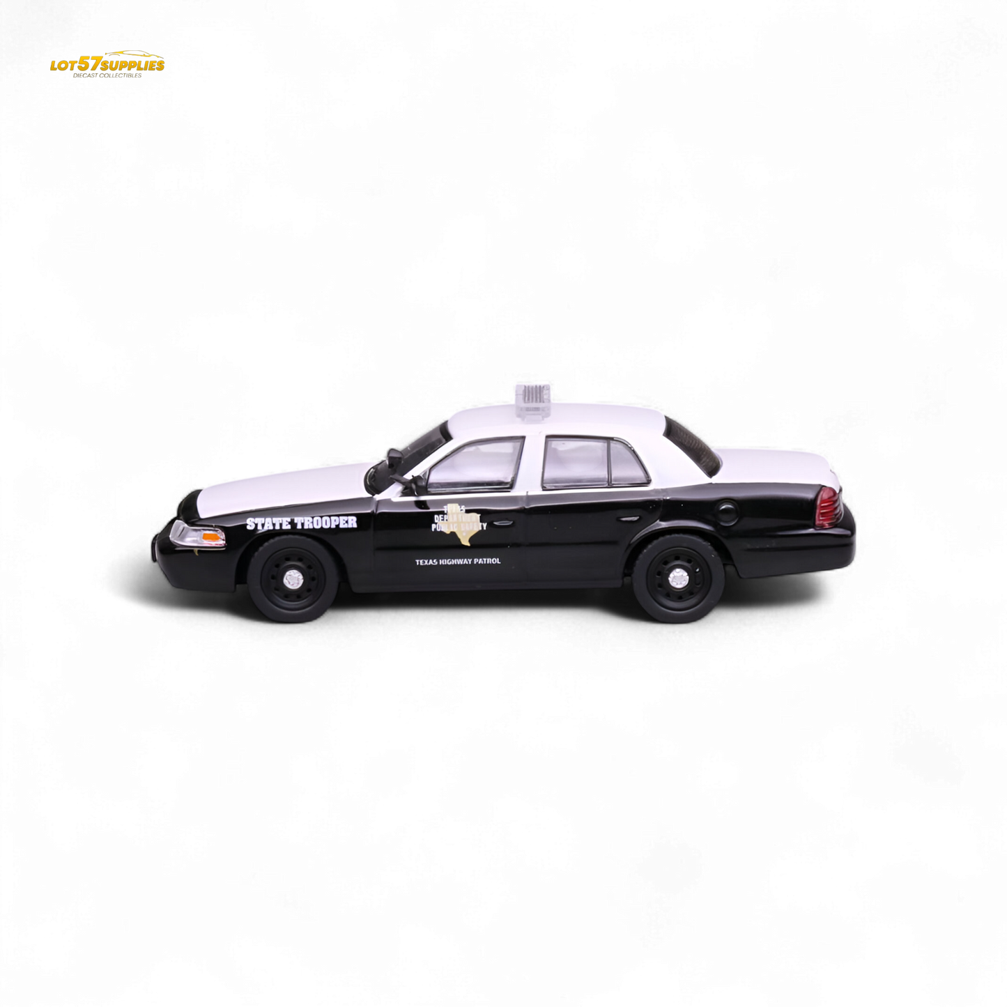 Ford Crown Victoria Texas DPS highway patrol diecast model in 1:64 scale, featuring detailed police decals and black paint.