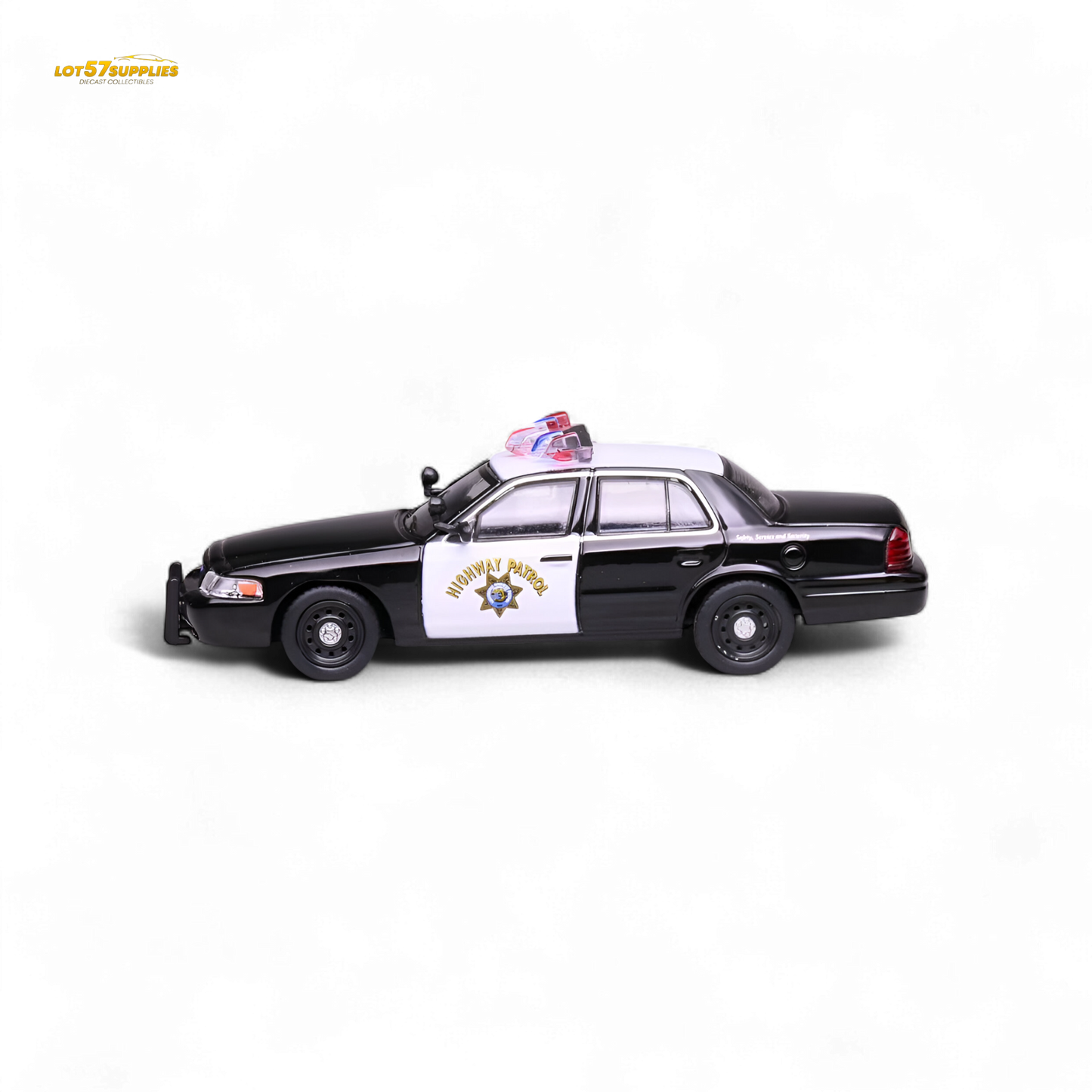 Detailed 1:64 scale Ford Crown Victoria California Highway Patrol diecast model by Lot57Supplies Diecast Shop, showing police vehicle details.