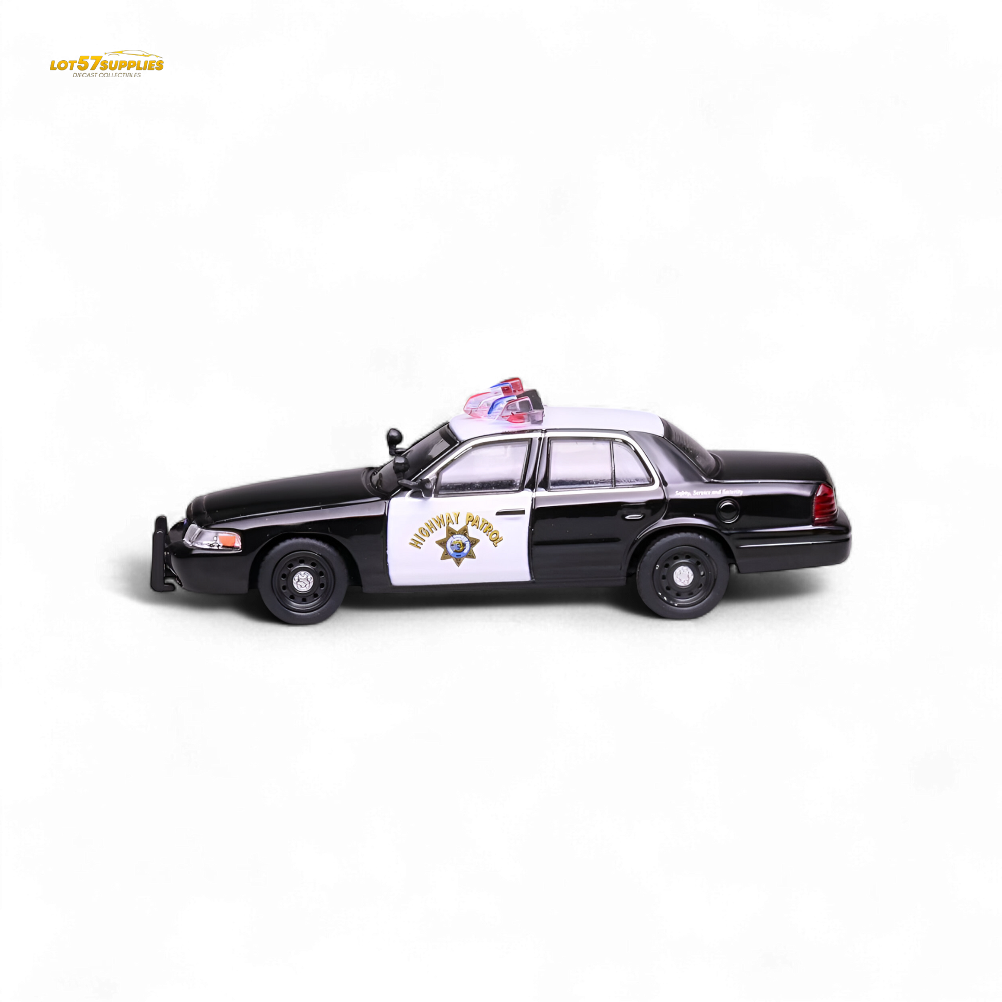 Detailed 1:64 scale Ford Crown Victoria California Highway Patrol diecast model by Lot57Supplies Diecast Shop, showing police vehicle details.