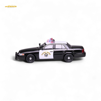 Detailed 1:64 scale Ford Crown Victoria California Highway Patrol diecast model by Lot57Supplies Diecast Shop, showing police vehicle details.