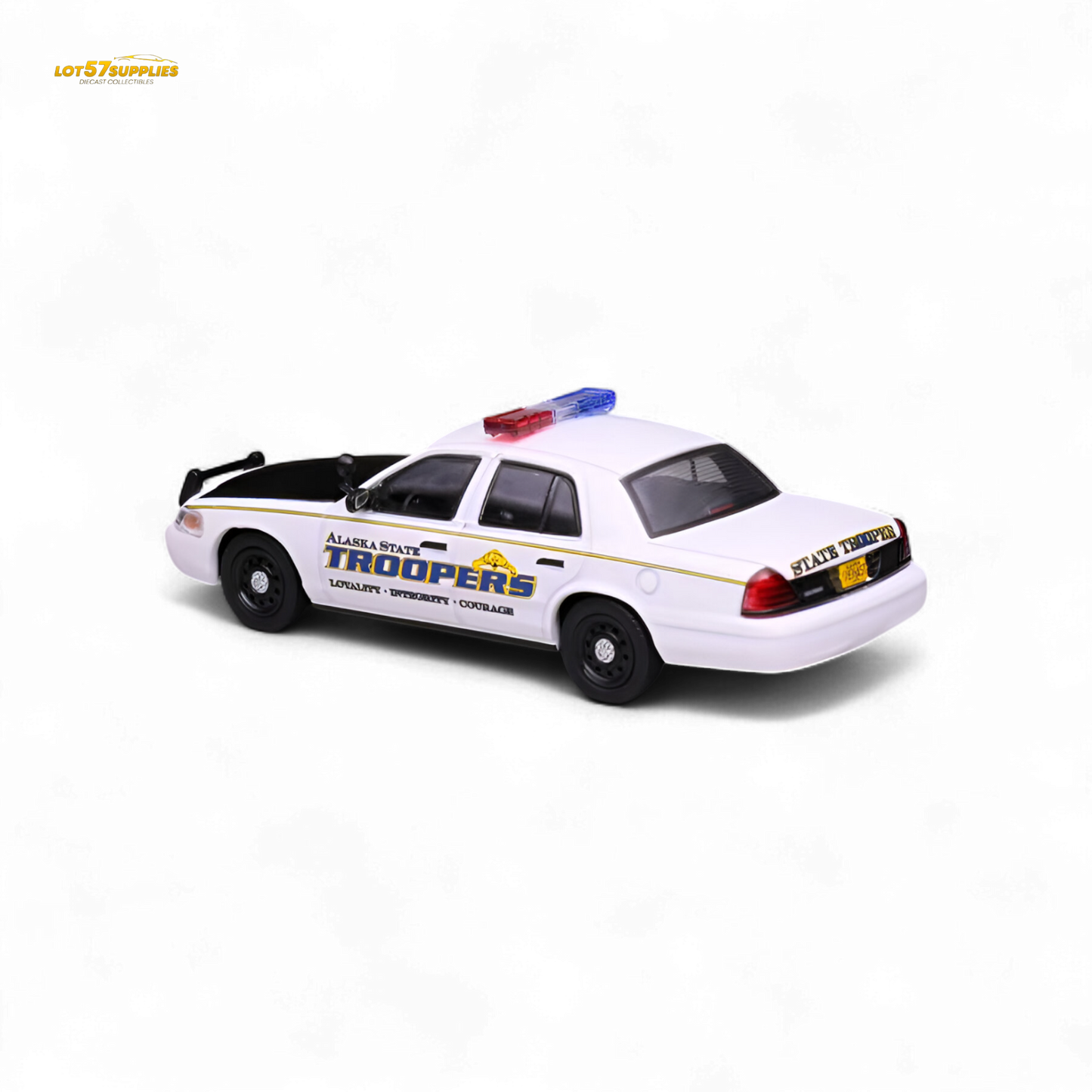 Detailed 1:64 scale Ford Crown Victoria diecast model of Alaska State Troopers by Lot57Supplies Diecast Shop, showing vehicle details.