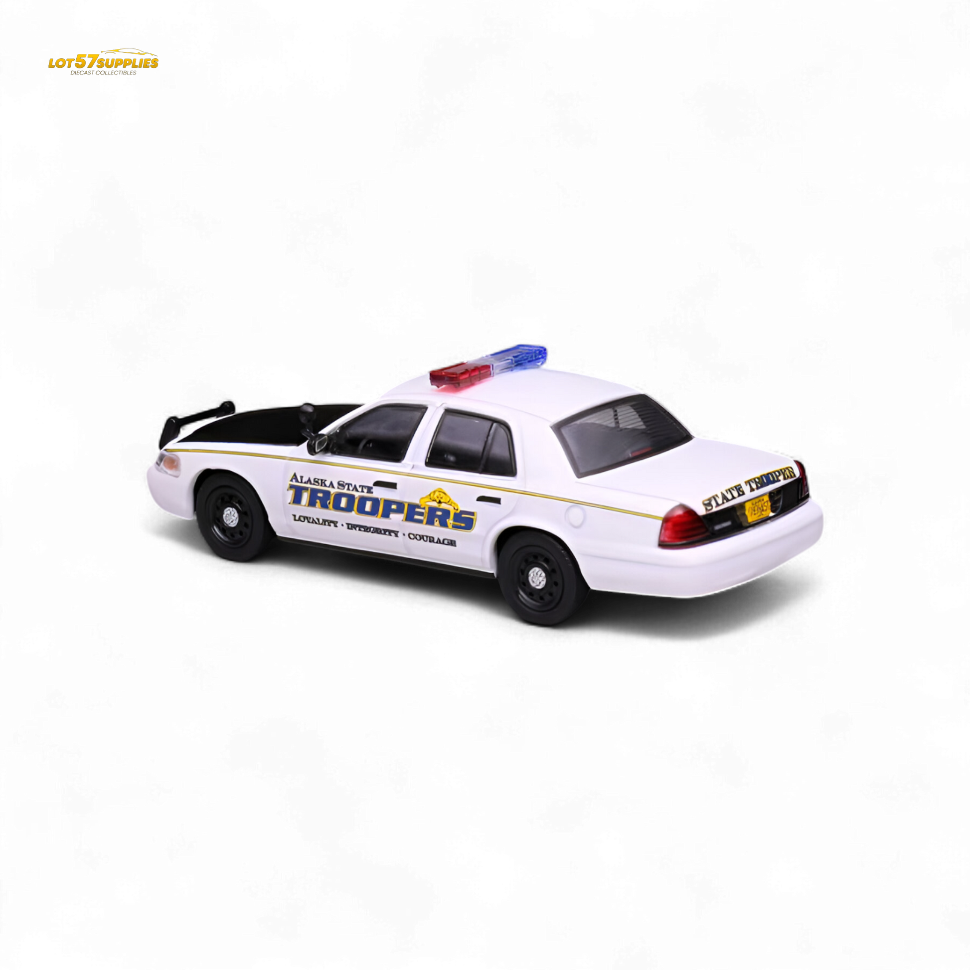 Detailed 1:64 scale Ford Crown Victoria diecast model of Alaska State Troopers by Lot57Supplies Diecast Shop, showing vehicle details.
