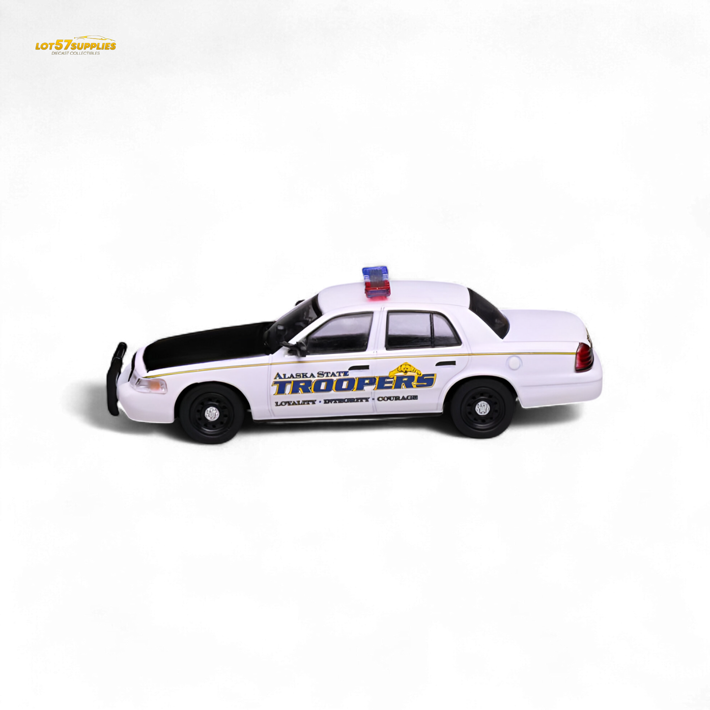 1:64 scale Ford Crown Victoria diecast model featuring Alaska State Troopers livery from Lot57Supplies Diecast Shop.