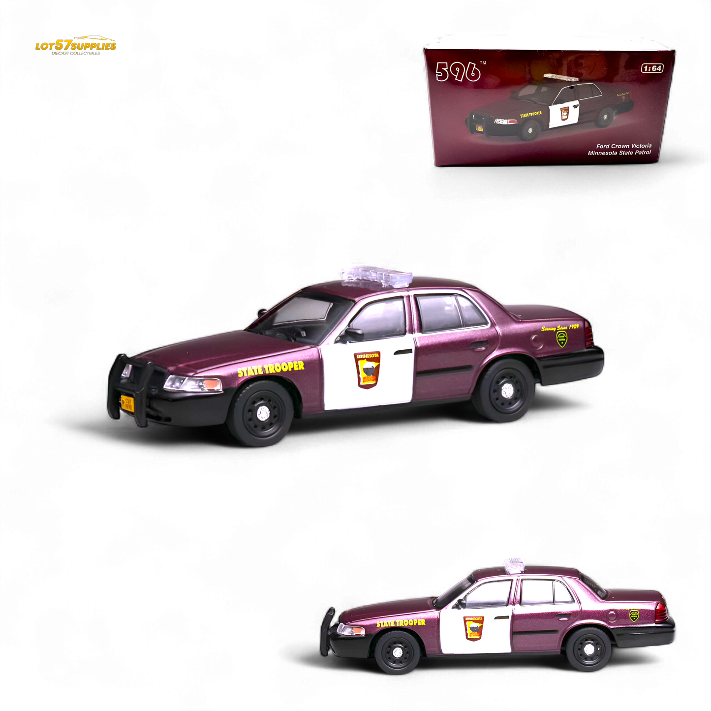 Miniature 1:64 scale Ford Crown Victoria police car modeled after Minnesota State Patrol, made by Lot57Supplies Diecast Shop.