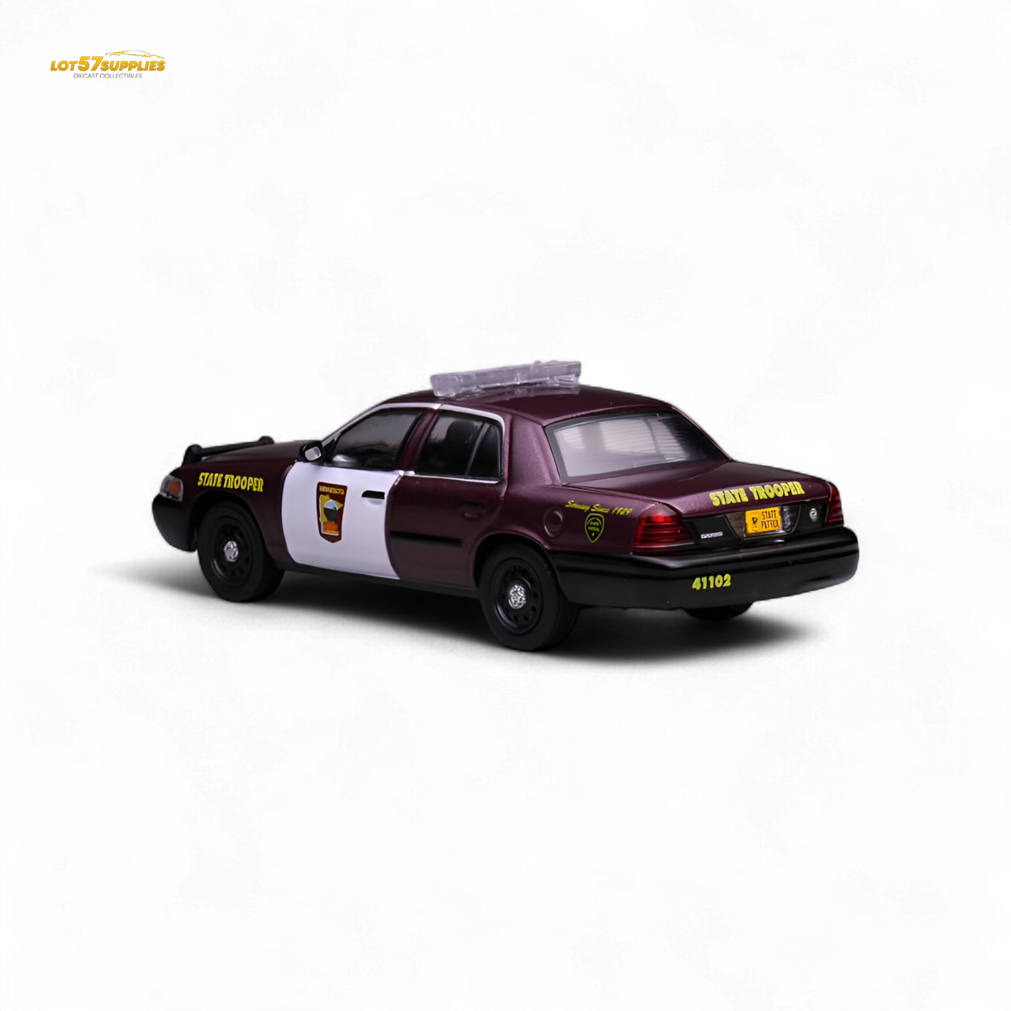 1:64 scale Ford Crown Victoria diecast model in Minnesota State Patrol livery, detailed blue and white patrol car by Lot57Supplies.