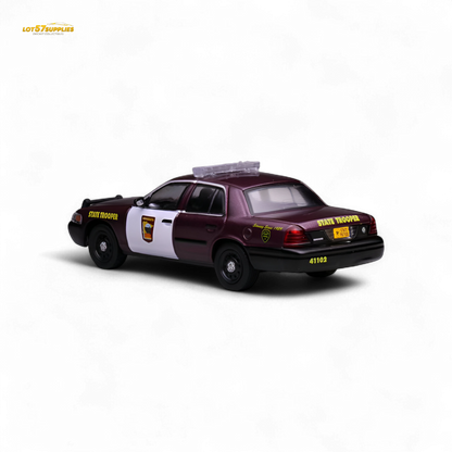 1:64 scale Ford Crown Victoria diecast model in Minnesota State Patrol livery, detailed blue and white patrol car by Lot57Supplies.