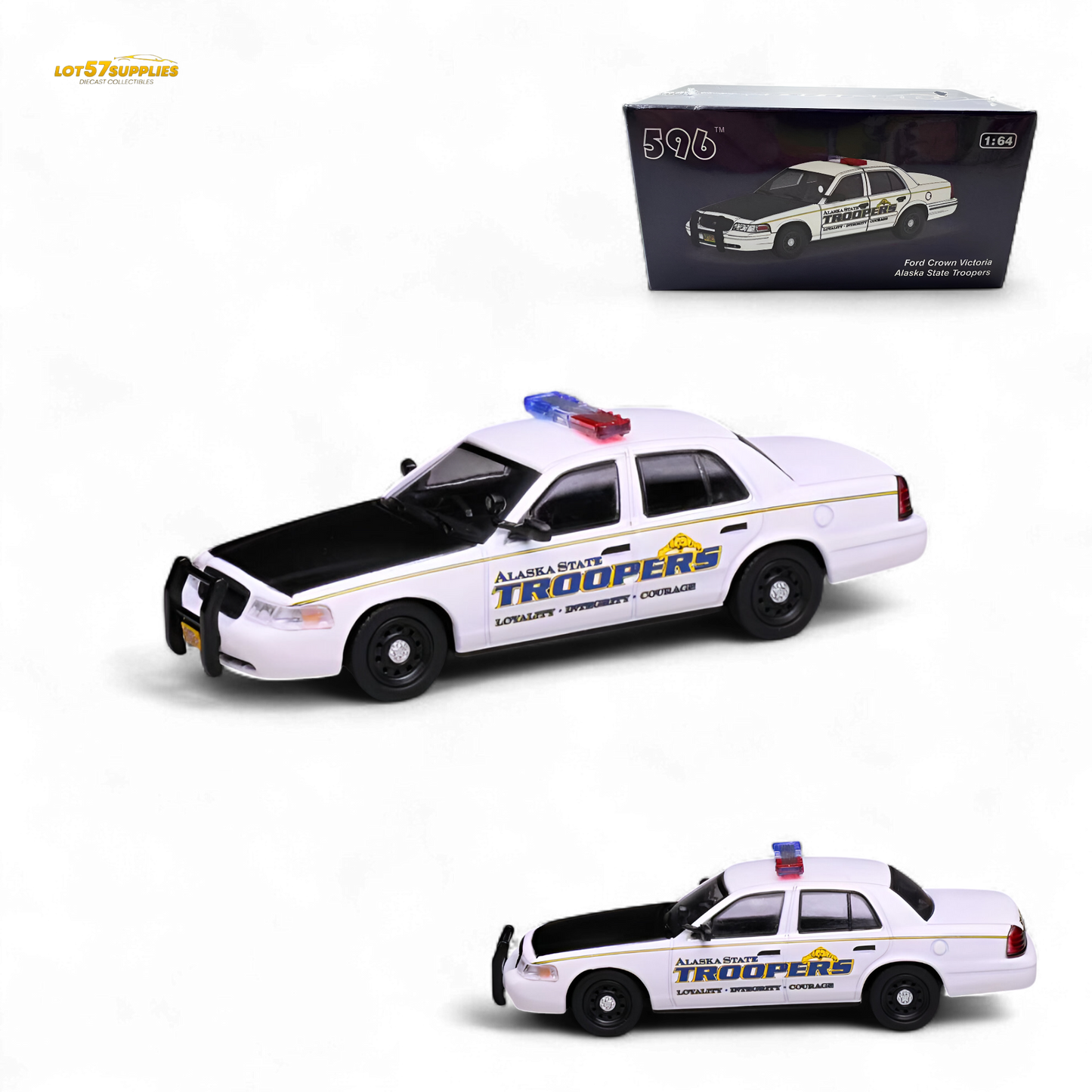 1:64 scale Ford Crown Victoria diecast model of Alaska State Troopers by Lot57Supplies Diecast Shop, detailed vehicle with trooper markings