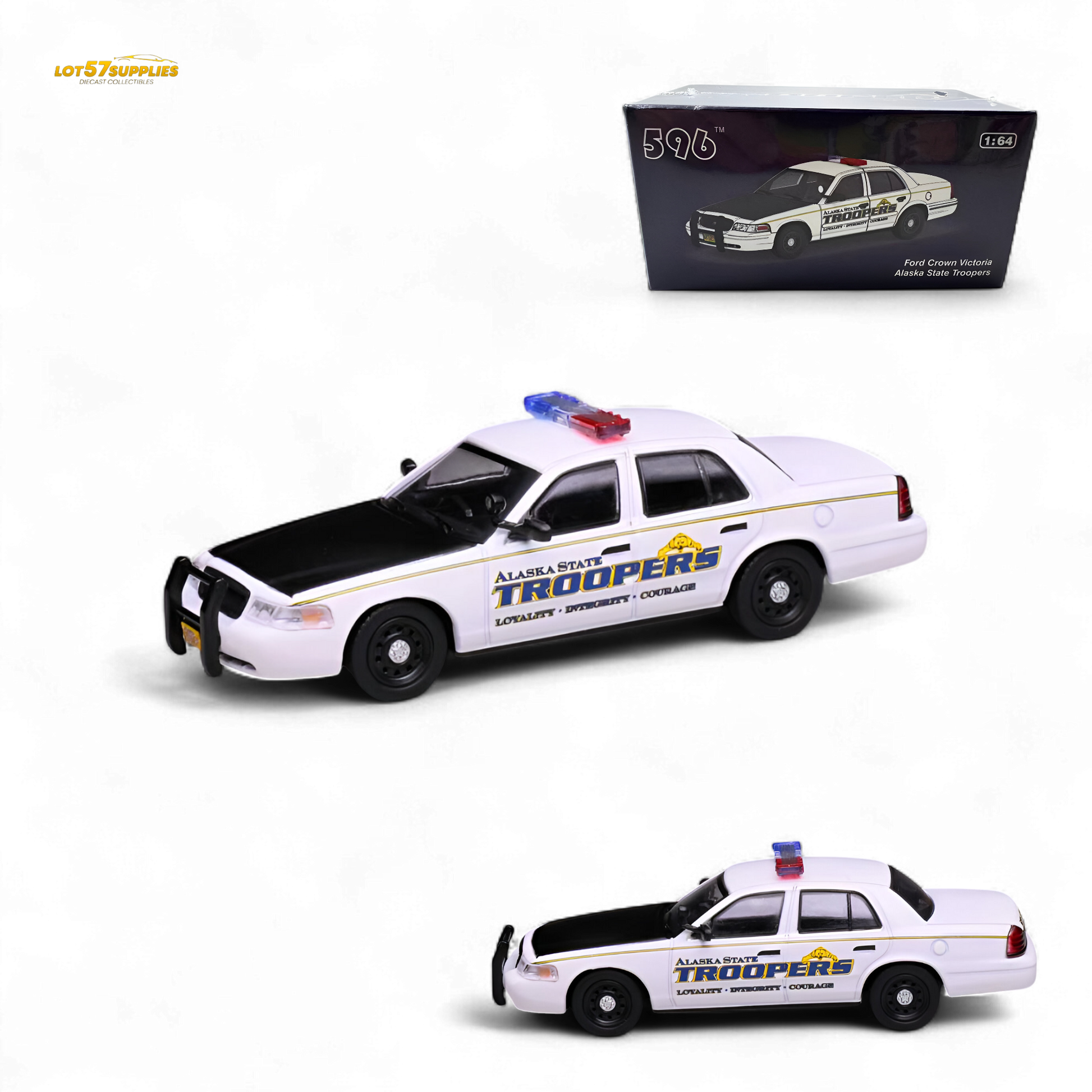 1:64 scale Ford Crown Victoria diecast model of Alaska State Troopers by Lot57Supplies Diecast Shop, detailed vehicle with trooper markings