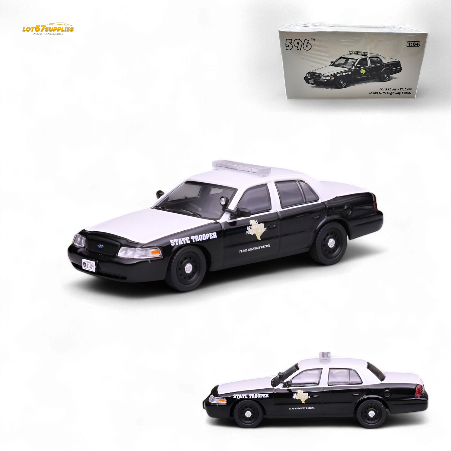 Diecast 1:64 Ford Crown Victoria Texas DPS Highway Patrol model car by Lot57Supplies Diecast Shop, detailed police vehicle replica.