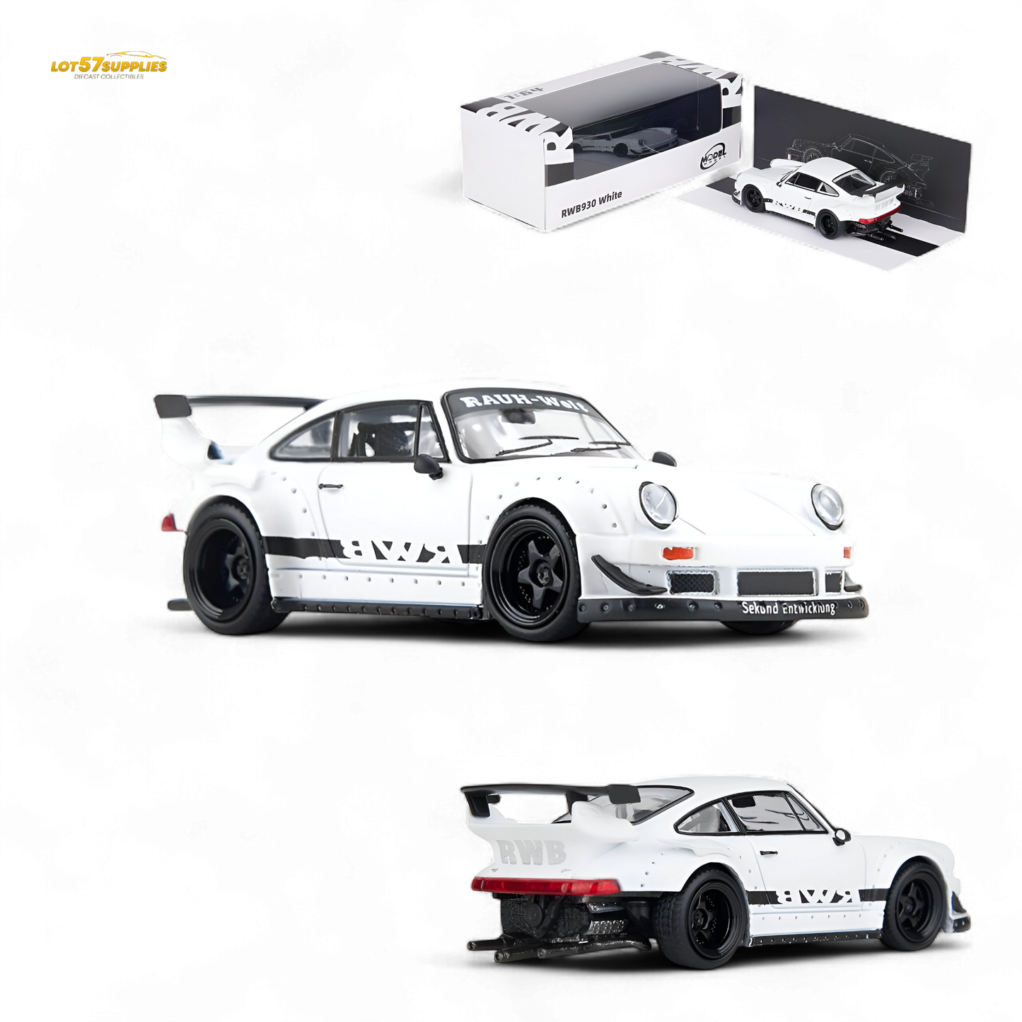 White Porsche Model Model RWB 993 1:64 diecast car, detailed miniature vehicle for collectors and enthusiasts.
