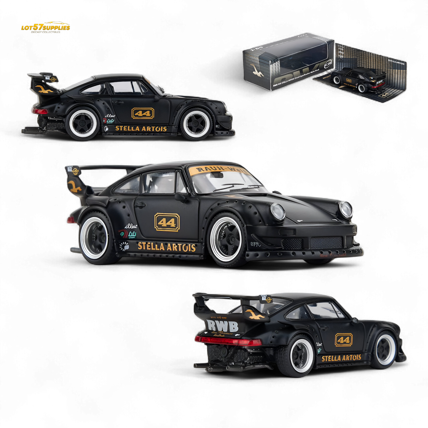 Model Model Porsche RWB 993 Stella Artois #44 Matte Black 1:64 - Evergreen Kings