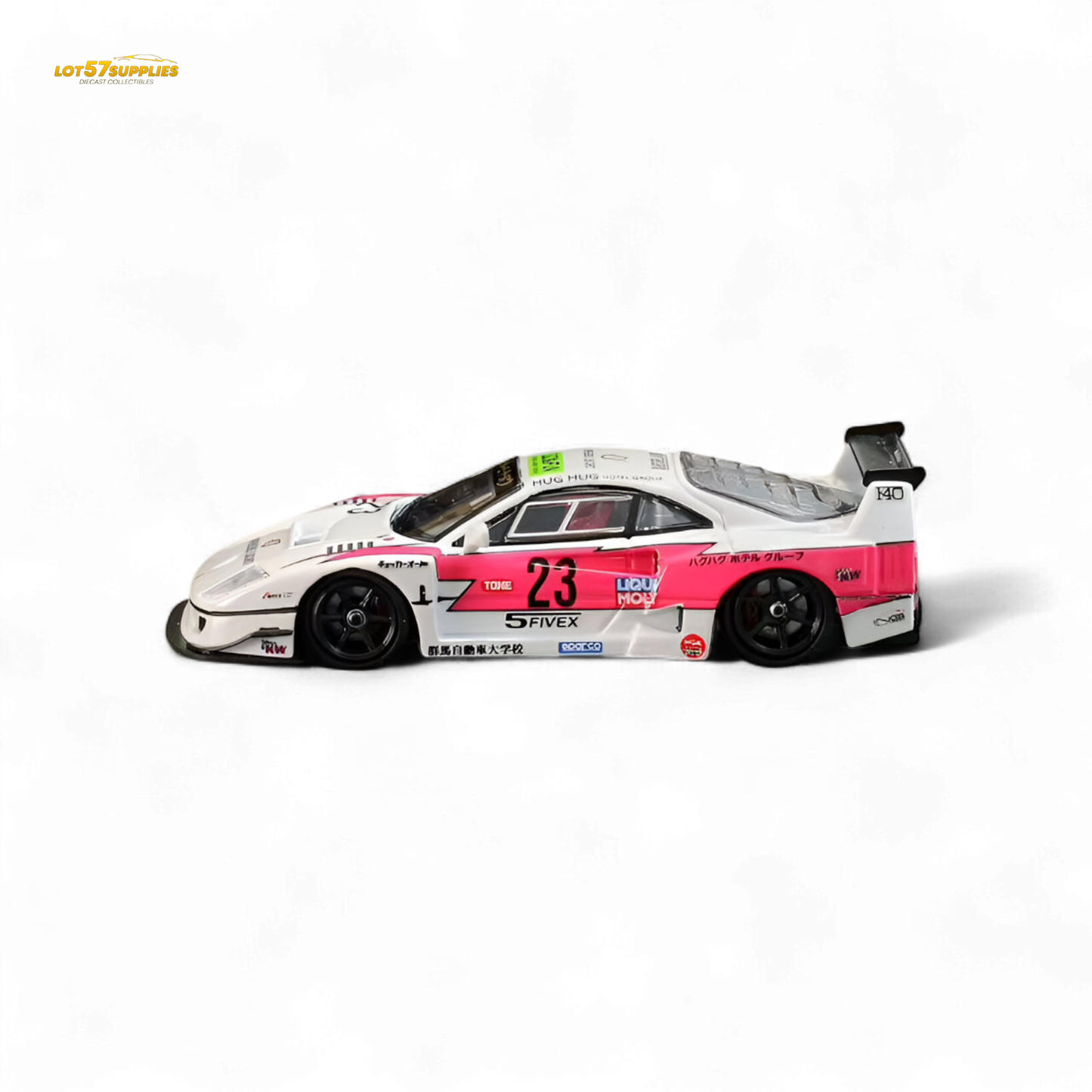 Pink Ferrari Ghost Player LBWK F40 diecast car, 1:64 scale, featuring #23, with detailed design and vibrant color.