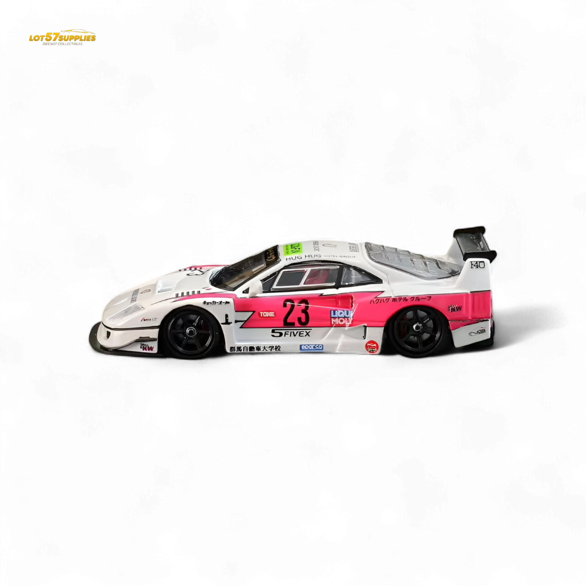 Pink Ferrari Ghost Player LBWK F40 diecast car, 1:64 scale, featuring #23, with detailed design and vibrant color.