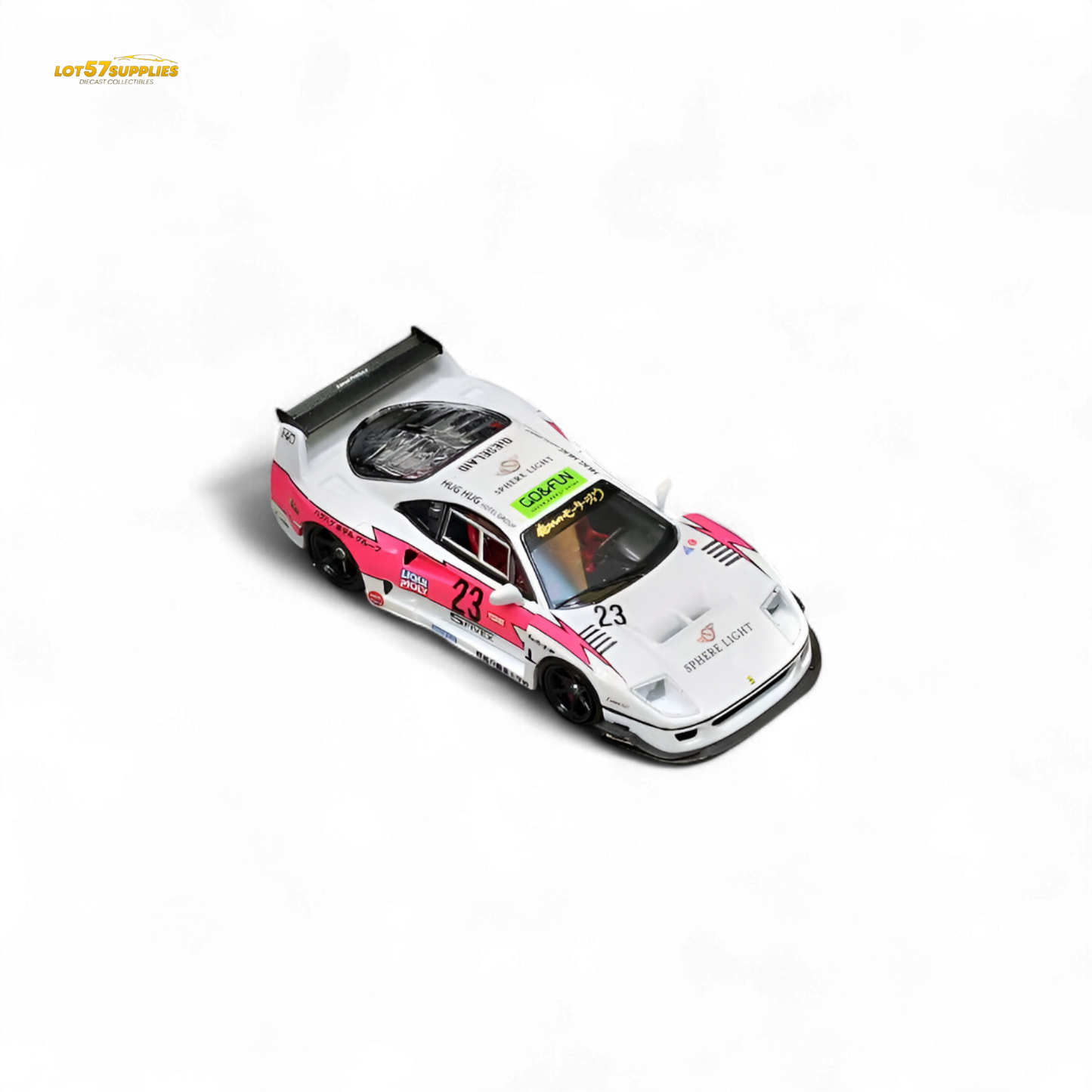 Pink Ferrari Ghost Player LBWK F40 #23 diecast model by Lot57Supplies featuring detailed design and vibrant color.
