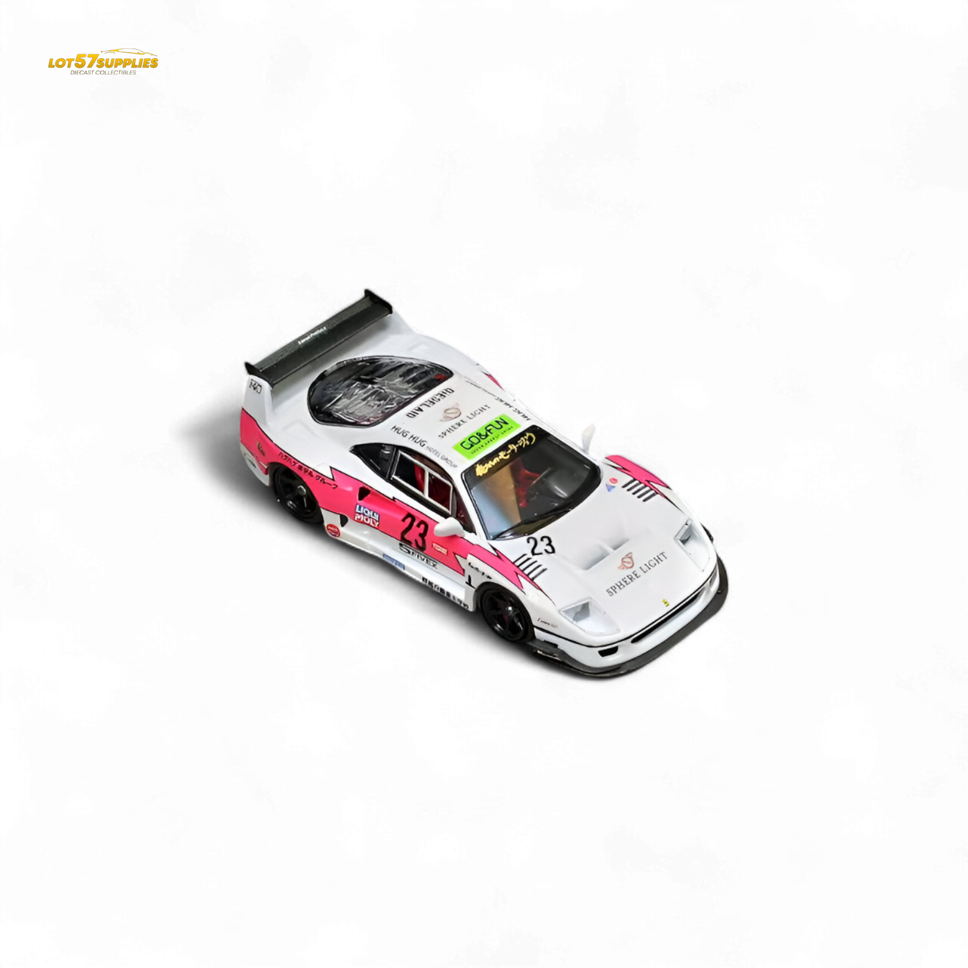 Pink Ferrari Ghost Player LBWK F40 #23 diecast model by Lot57Supplies featuring detailed design and vibrant color.