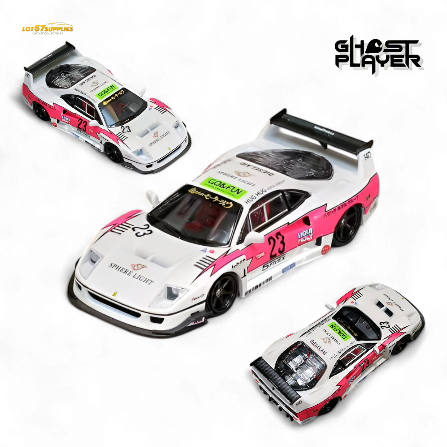 Pink Ferrari Ghost Player LBWK F40 diecast car #23 in 1:64 scale, detailed model from Lot57Supplies Diecast Shop.