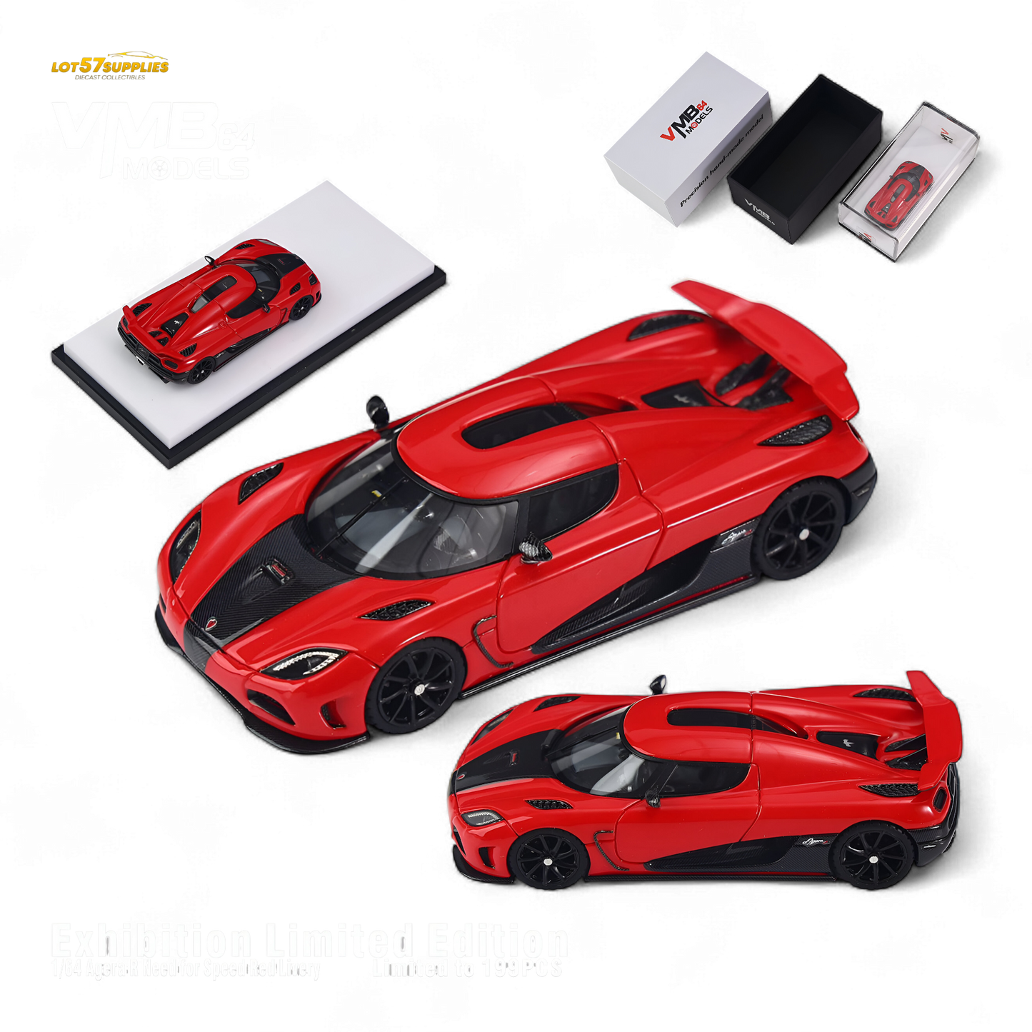 Red 1:64 scale VMB Agera R diecast model car by Lot57Supplies Diecast Shop, featuring detailed exterior and realistic design.
