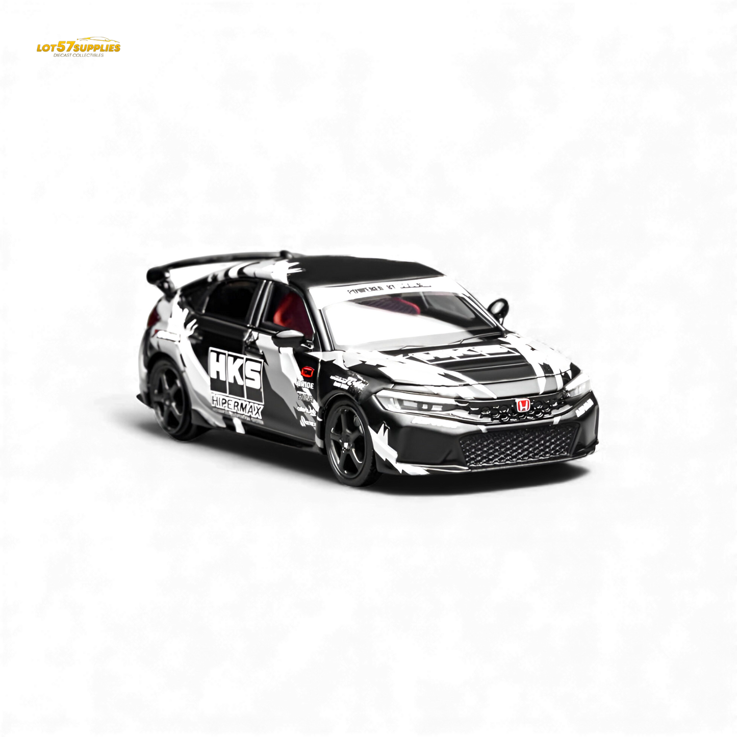 Black Honda Civic Type R FL5 diecast model by Lot57Supplies, detailed HKS branding, 1:64 scale, pre-order available.