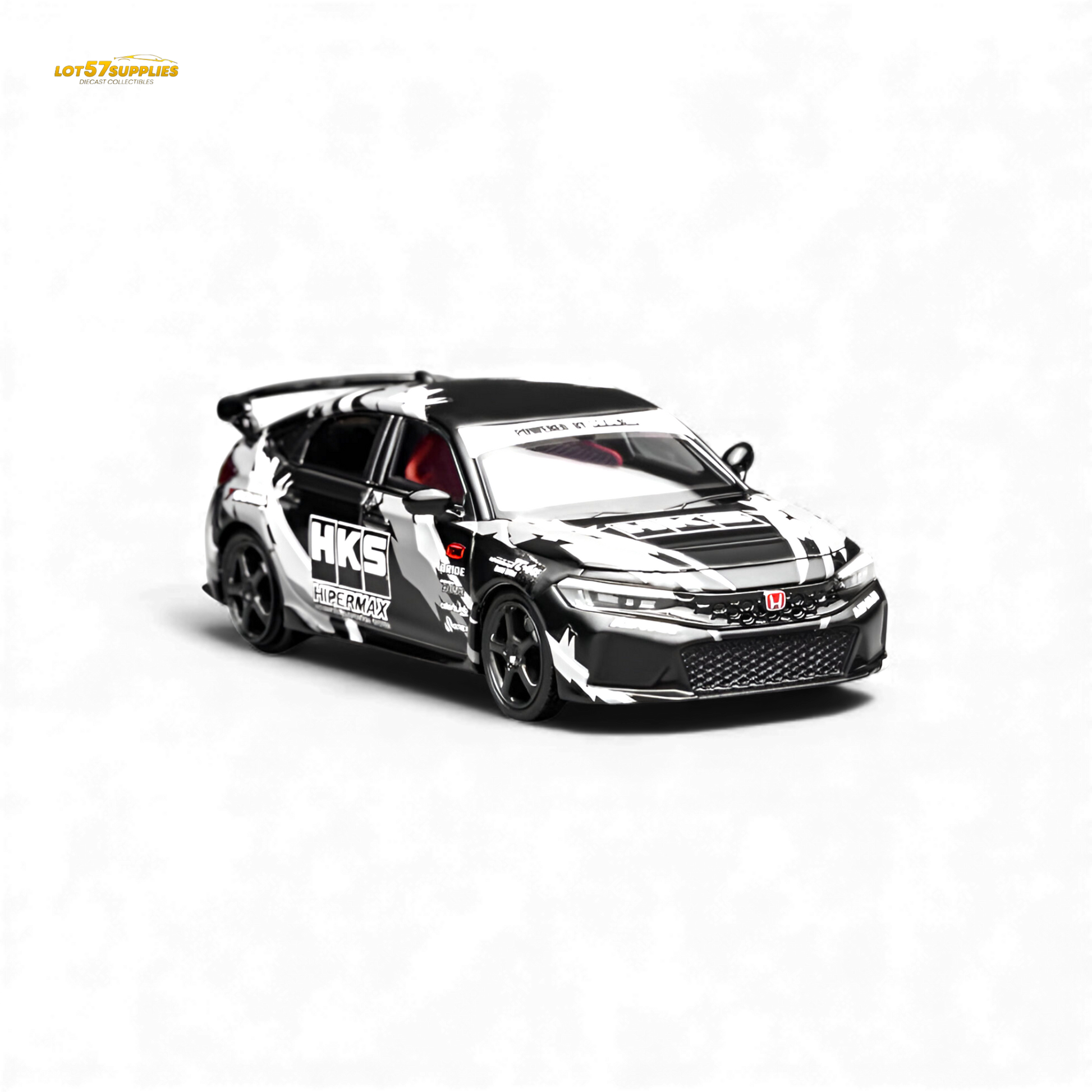 Black Honda Civic Type R FL5 diecast model by Lot57Supplies, detailed HKS branding, 1:64 scale, pre-order available.
