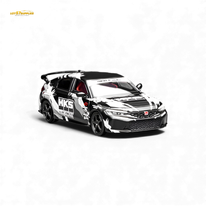Black Honda Civic Type R FL5 diecast model by Lot57Supplies, detailed HKS branding, 1:64 scale, pre-order available.