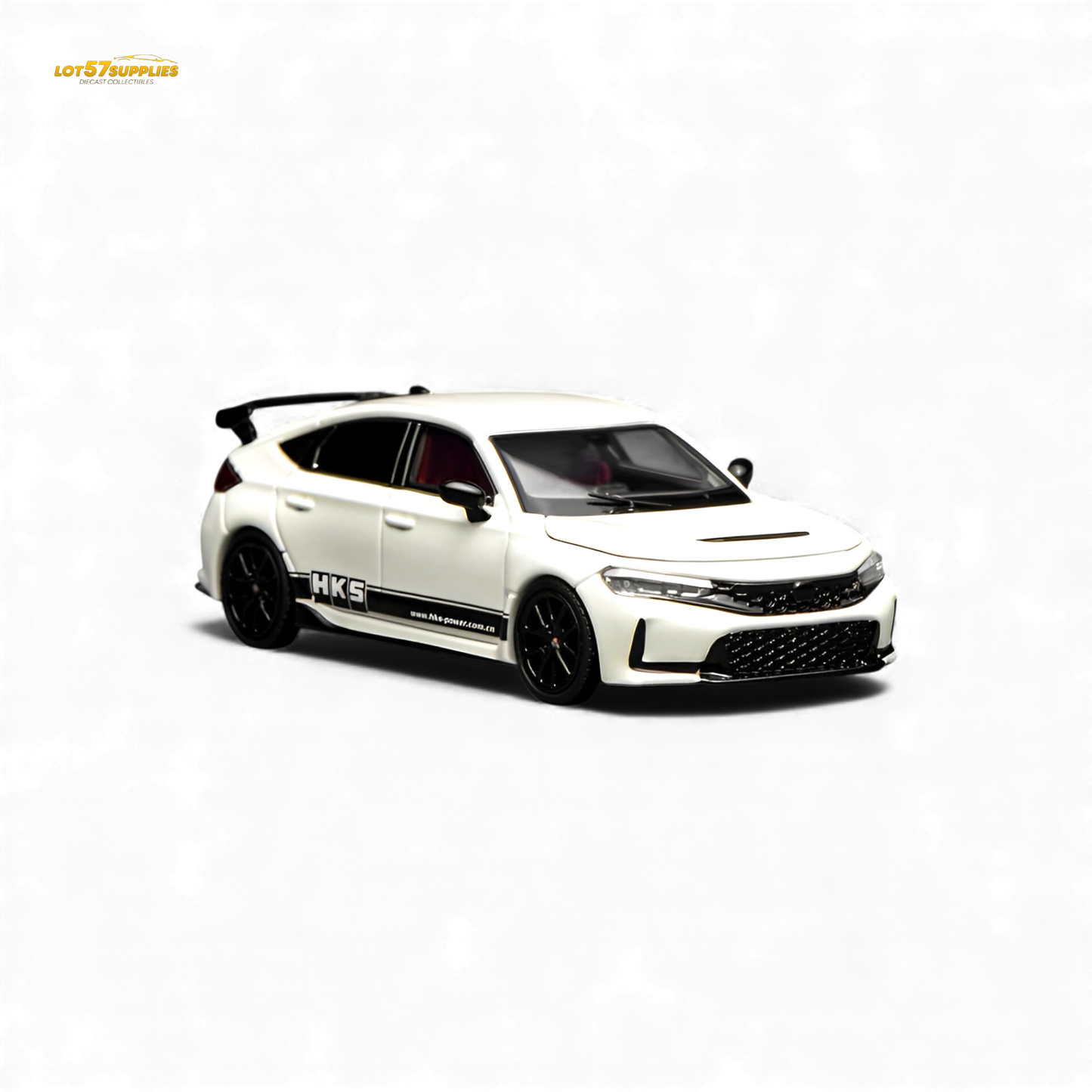White Honda Civic Type R FL5 diecast model by Motorhelix, 1:64 scale, featuring detailed design and branding.