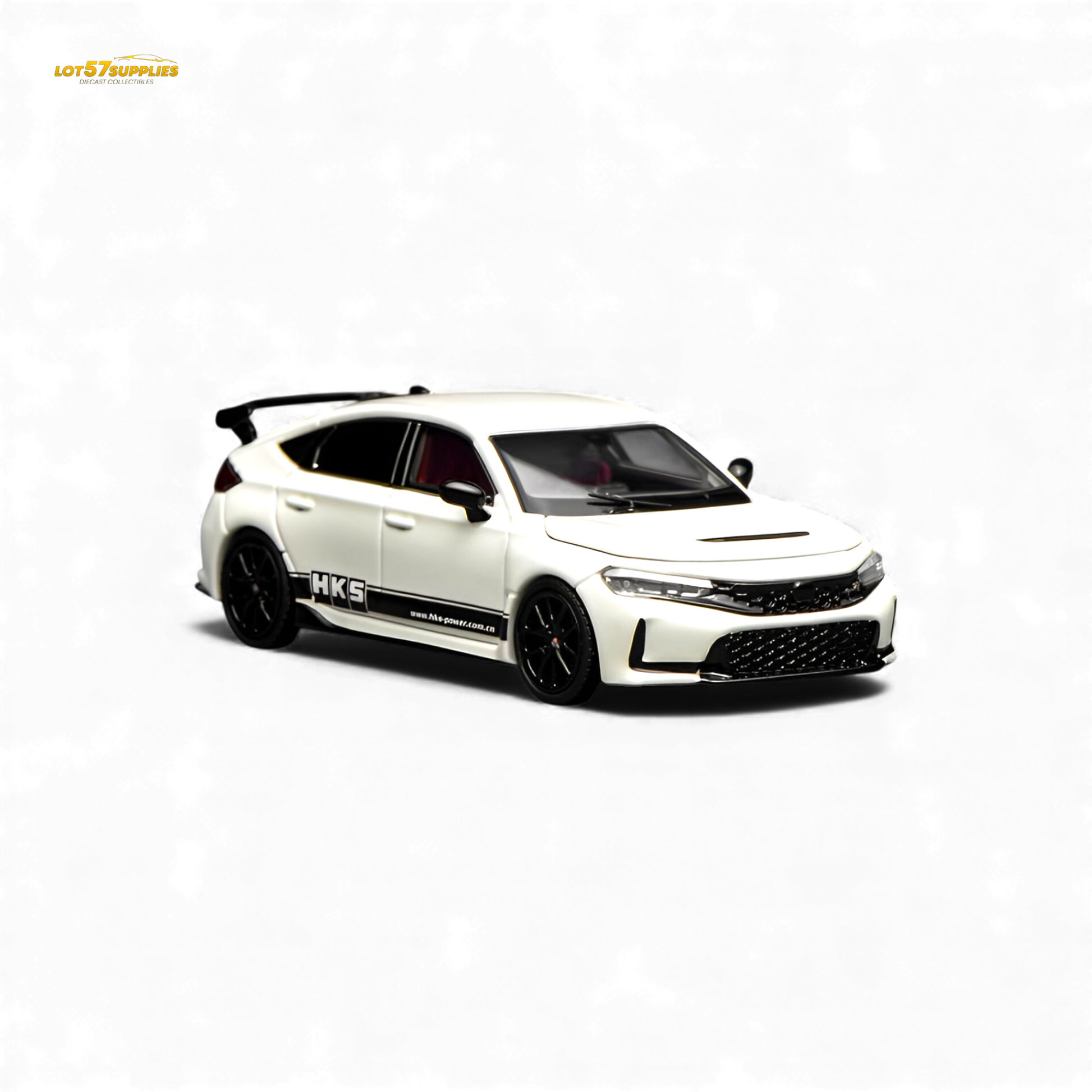 White Honda Civic Type R FL5 diecast model by Motorhelix, 1:64 scale, featuring detailed design and branding.