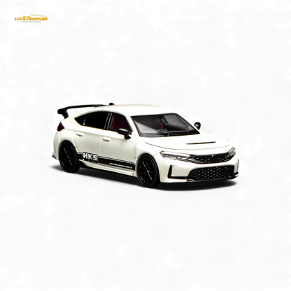 White Honda Civic Type R FL5 diecast model by Motorhelix, 1:64 scale, featuring detailed design and branding.