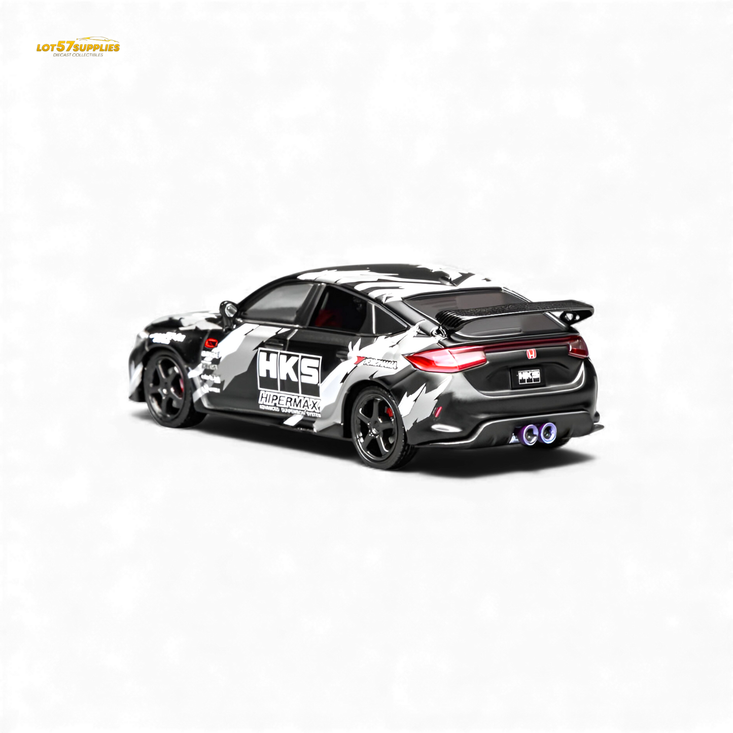 Black Honda Civic Type R FL5 diecast model by HKS, detailed 1:64 scale car showcasing sporty design and realistic features.