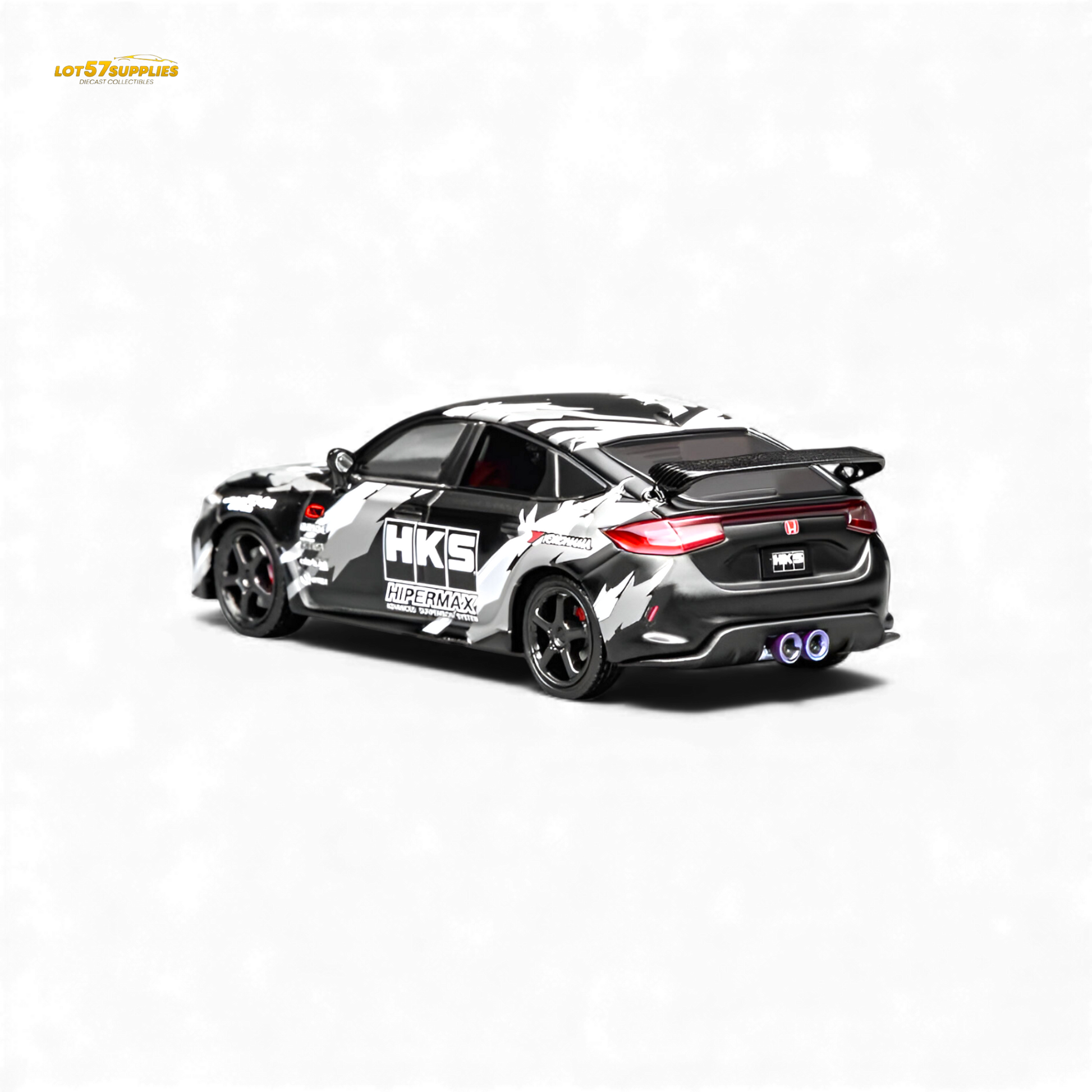 Black Honda Civic Type R FL5 diecast model by HKS, detailed 1:64 scale car showcasing sporty design and realistic features.