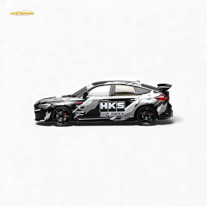 Black Honda Civic Type R FL5 diecast model by HKS, 1:64 scale, featuring detailed exterior in a compact display size.