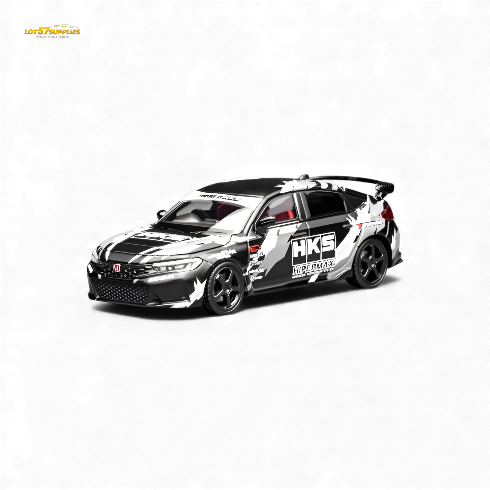Black Honda Civic Type R FL5 diecast model by Motorhelix, 1:64 scale, featuring detailed exterior in a collectible display.