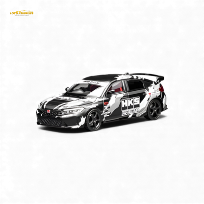 Black Honda Civic Type R FL5 diecast model by Motorhelix, 1:64 scale, featuring detailed exterior in a collectible display.