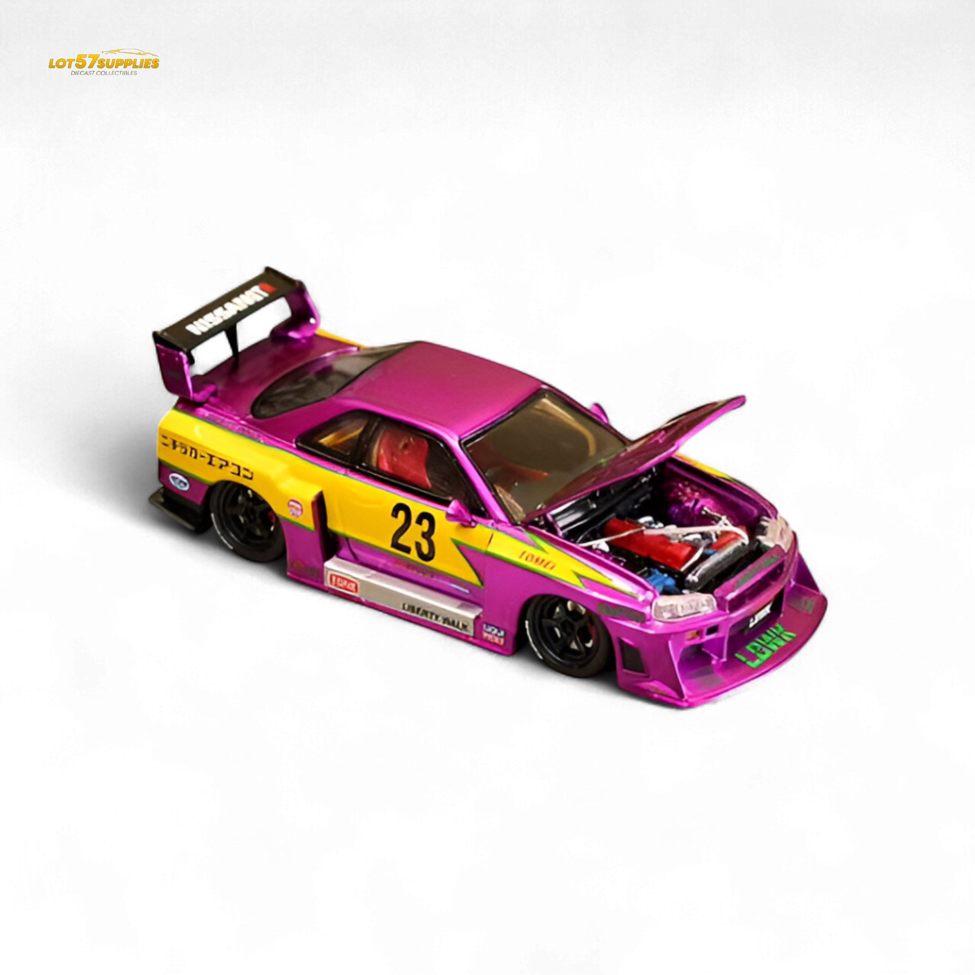 Chromed purple Nissan Street Weapon LBWK ER34 diecast car, 1:64 scale, featuring detailed design and special edition finish.