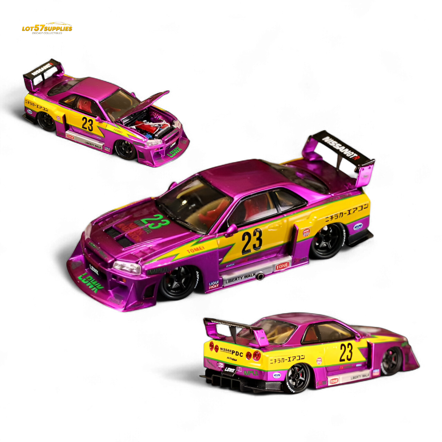 Purple chromed Nissan LBWK ER34 diecast model in 1:64 scale from Lot57Supplies, detailed special edition street weapon.