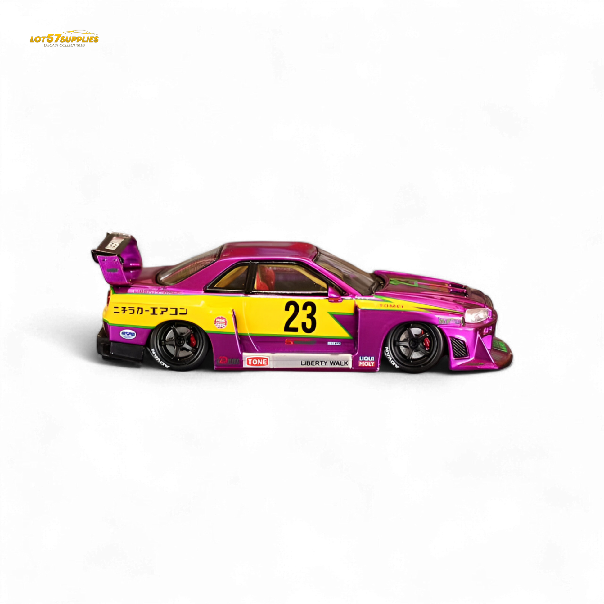 Chromed purple Nissan Street Weapon LBWK ER34 diecast car, 1:64 scale, special edition collectible from Lot57Supplies Diecast Shop.