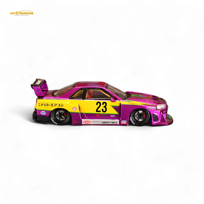 Chromed purple Nissan Street Weapon LBWK ER34 diecast car, 1:64 scale, special edition collectible from Lot57Supplies Diecast Shop.