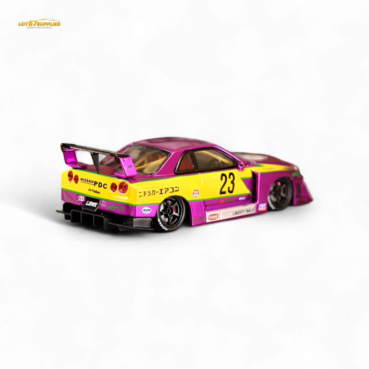 Purple chromed Nissan LBWK ER34 diecast car, 1:64 scale, special edition model, detailed exterior, limited edition collectible.